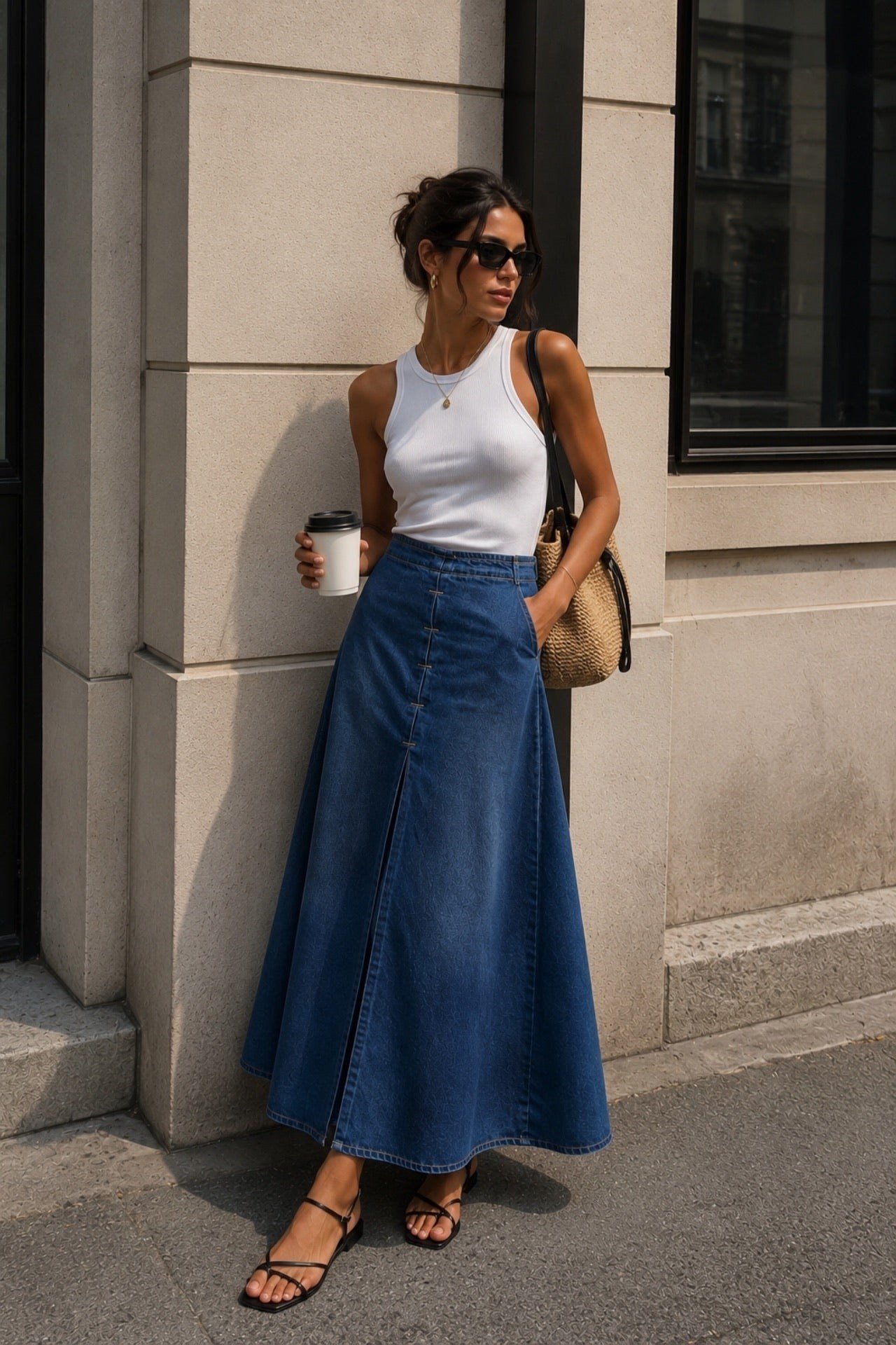 Dikiş Detay Koyu Mavi Maxi Denim Etek