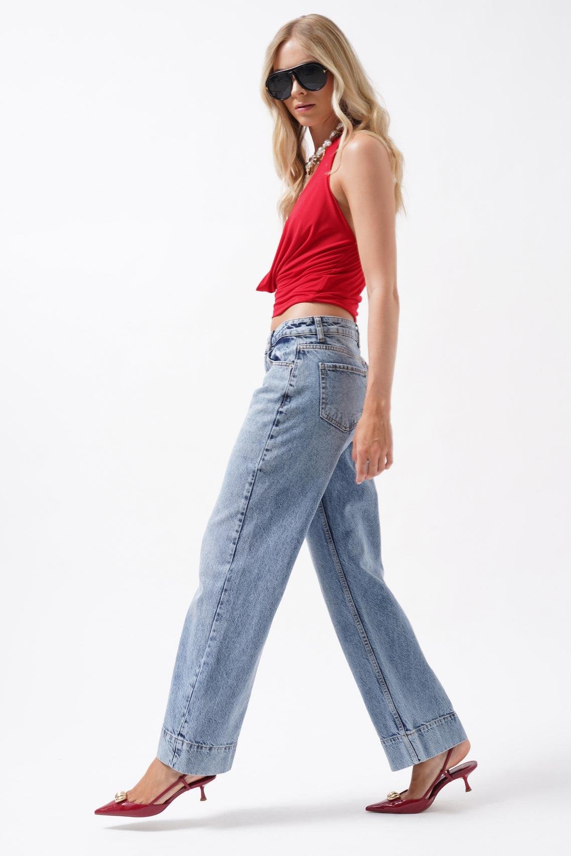 Double Paça Yüksek Bel Mavi Jean