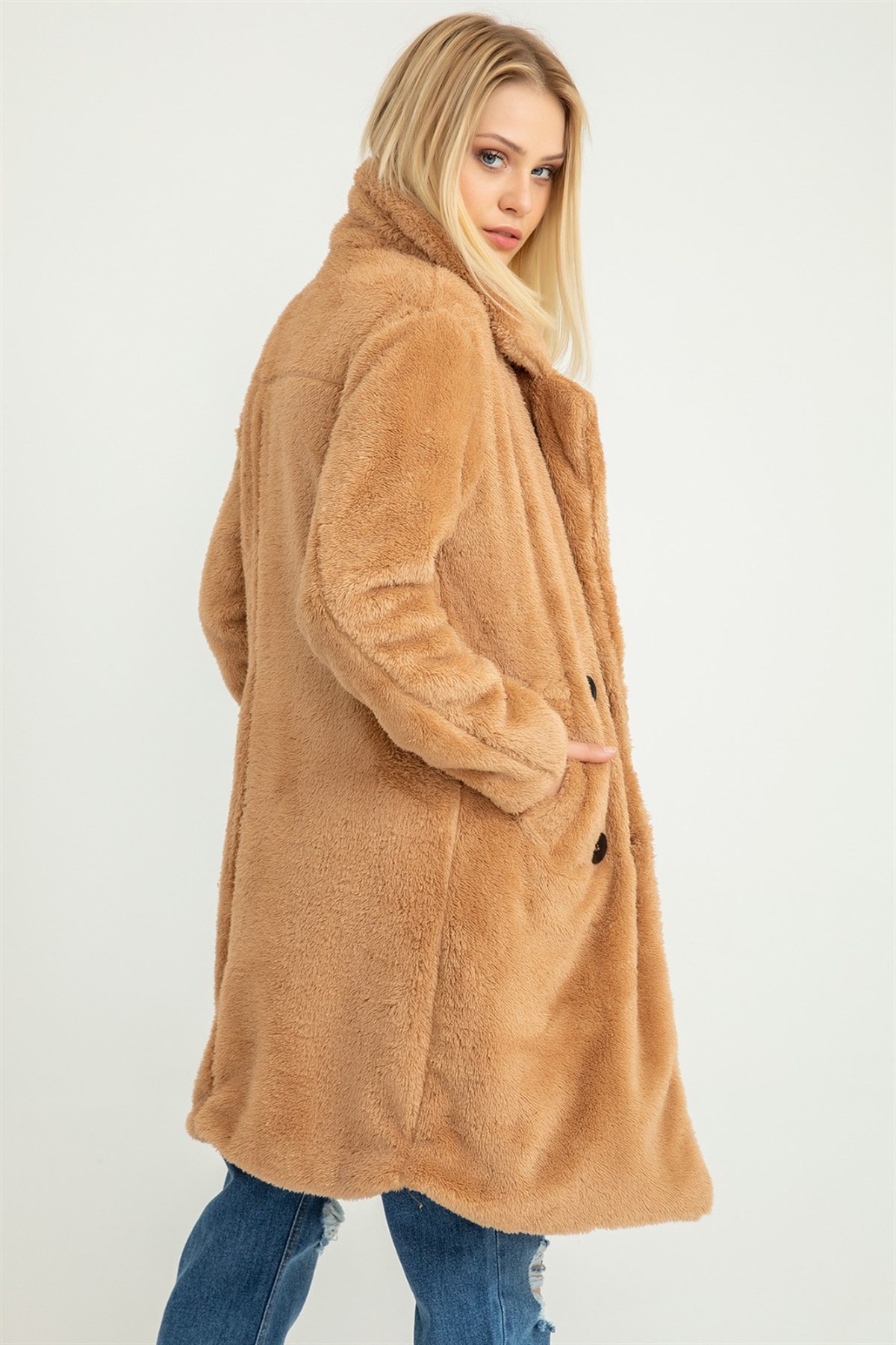 DÜĞME DETAYLI TEDDY PELUŞ KUMAŞ MONT CAMEL TEDDY KUMAŞ PALTO PELUŞ KIŞLIK MONT KABAN CAMEL COAT KTS-002-2
