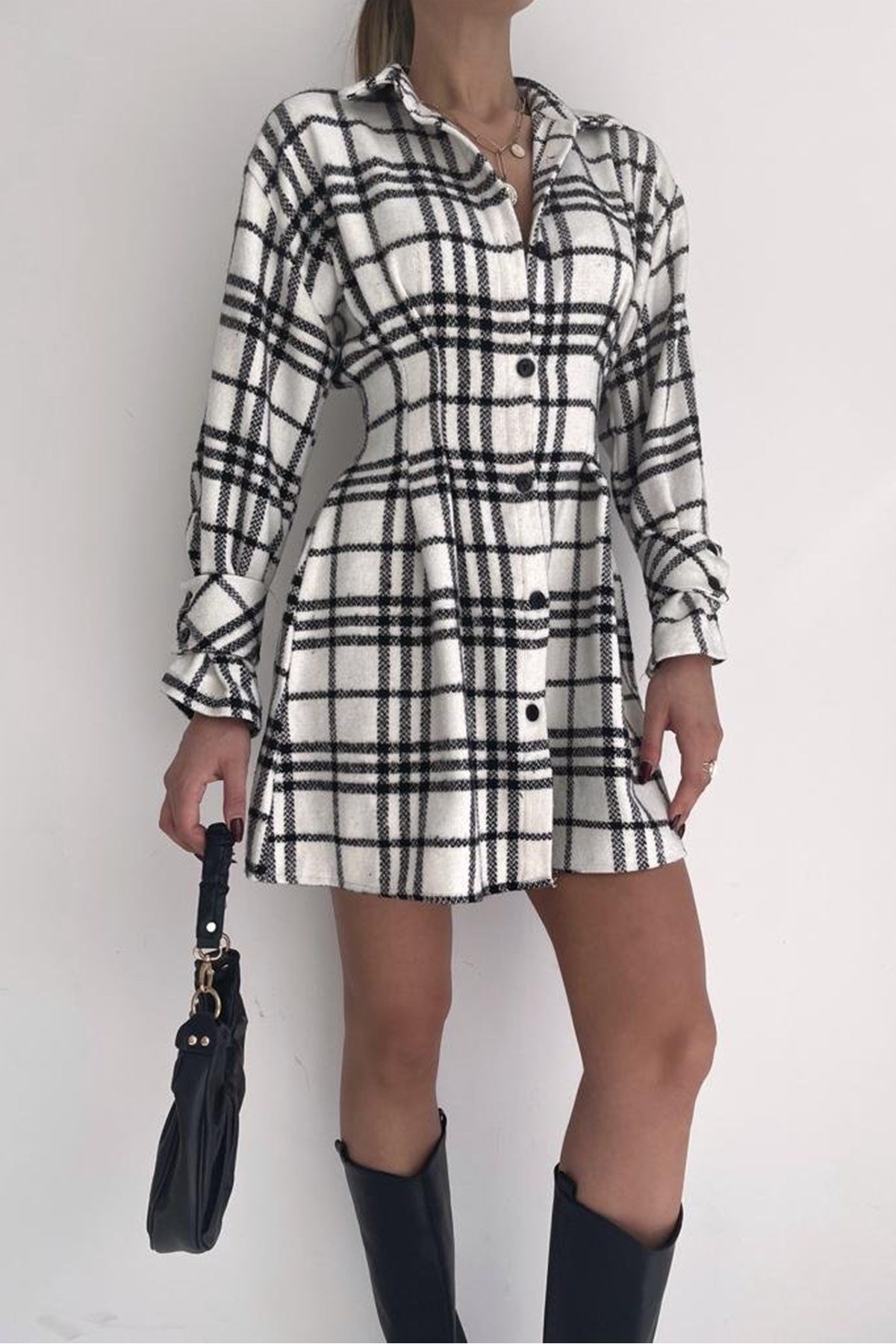 EKOSE DESENLİ PAMUKLU KUMAŞ BEYAZ GÖMLEK ELBİSE WHITE SHIRT DRESS SD-012-BEYAZ
