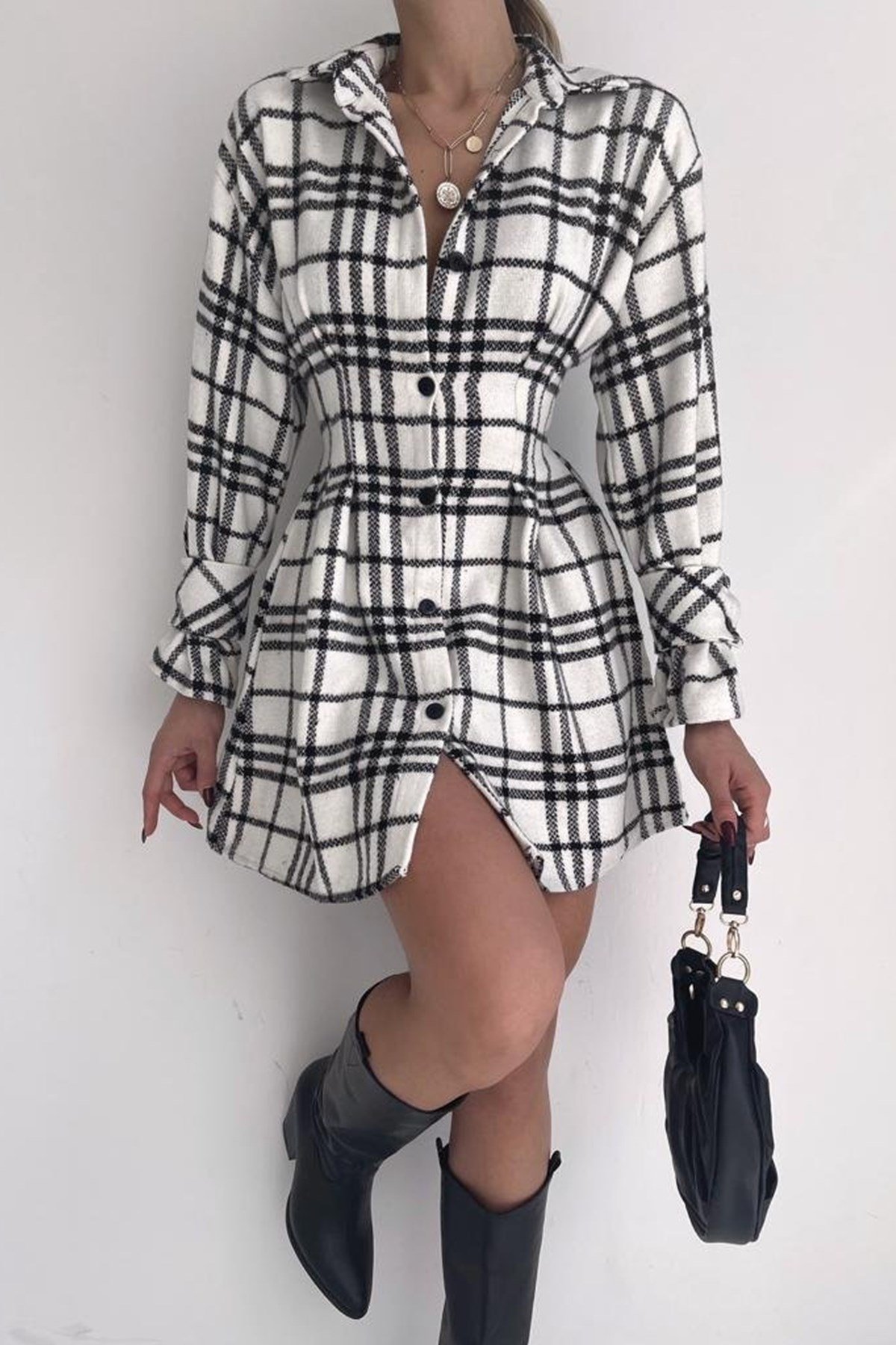EKOSE DESENLİ PAMUKLU KUMAŞ BEYAZ GÖMLEK ELBİSE WHITE SHIRT DRESS SD-012-BEYAZ