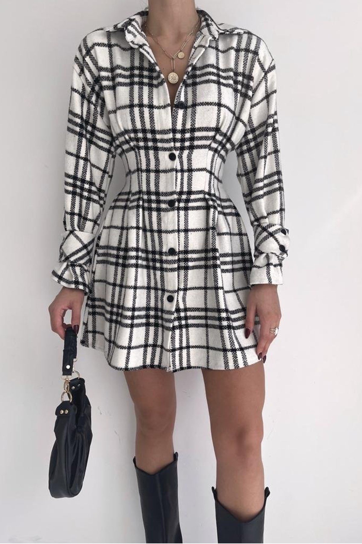 EKOSE DESENLİ PAMUKLU KUMAŞ BEYAZ GÖMLEK ELBİSE WHITE SHIRT DRESS SD-012-BEYAZ