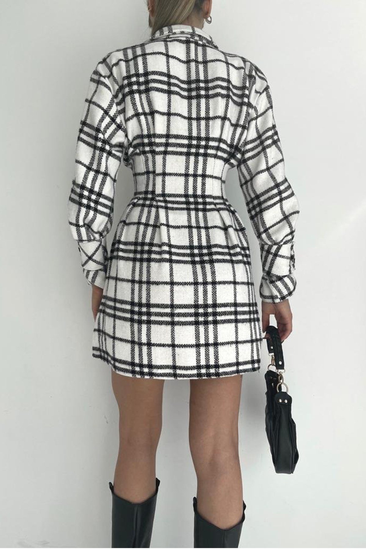 EKOSE DESENLİ PAMUKLU KUMAŞ BEYAZ GÖMLEK ELBİSE WHITE SHIRT DRESS SD-012-BEYAZ