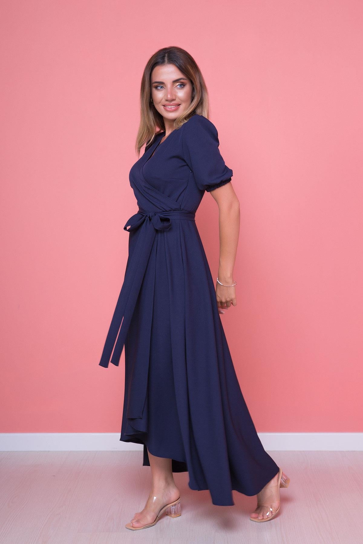 Esnek Atlas Kumaş Kuşaklı Asimetrik Kesim Midi Boy Lacivert Kloş Abiye Elbise Mezuniyet Elbisesi 410