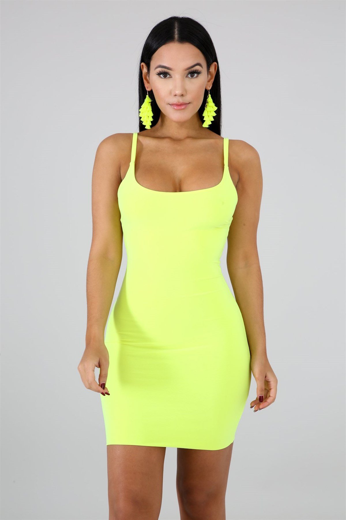 ESNEK DALGIÇ KUMAŞ ASKILI GÖĞÜS DEKOLTELİ NEON YEŞİL GECE ELBİSESİ KOKTEYL ELBİSESİ CLUBWEAR DNM-352-neonyeşil