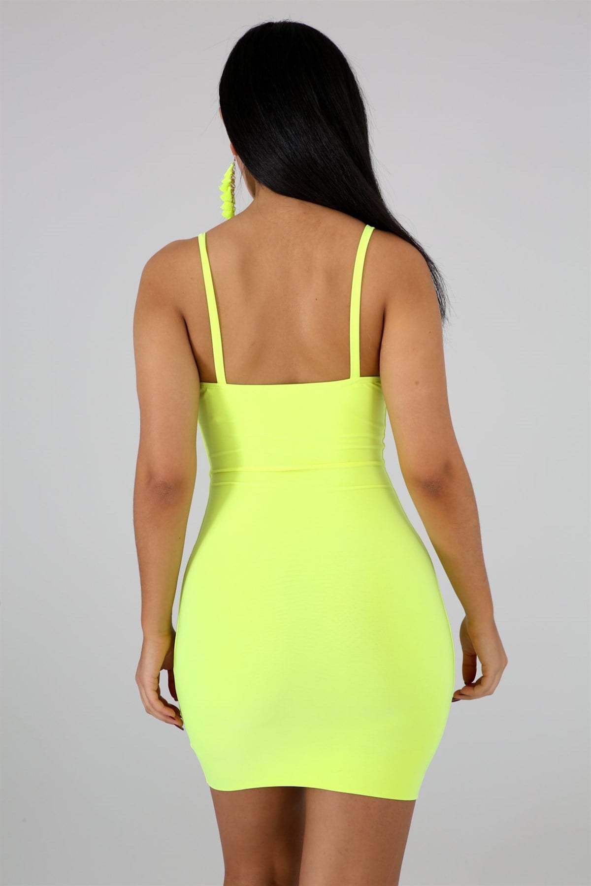 ESNEK DALGIÇ KUMAŞ ASKILI GÖĞÜS DEKOLTELİ NEON YEŞİL GECE ELBİSESİ KOKTEYL ELBİSESİ CLUBWEAR DNM-352-neonyeşil