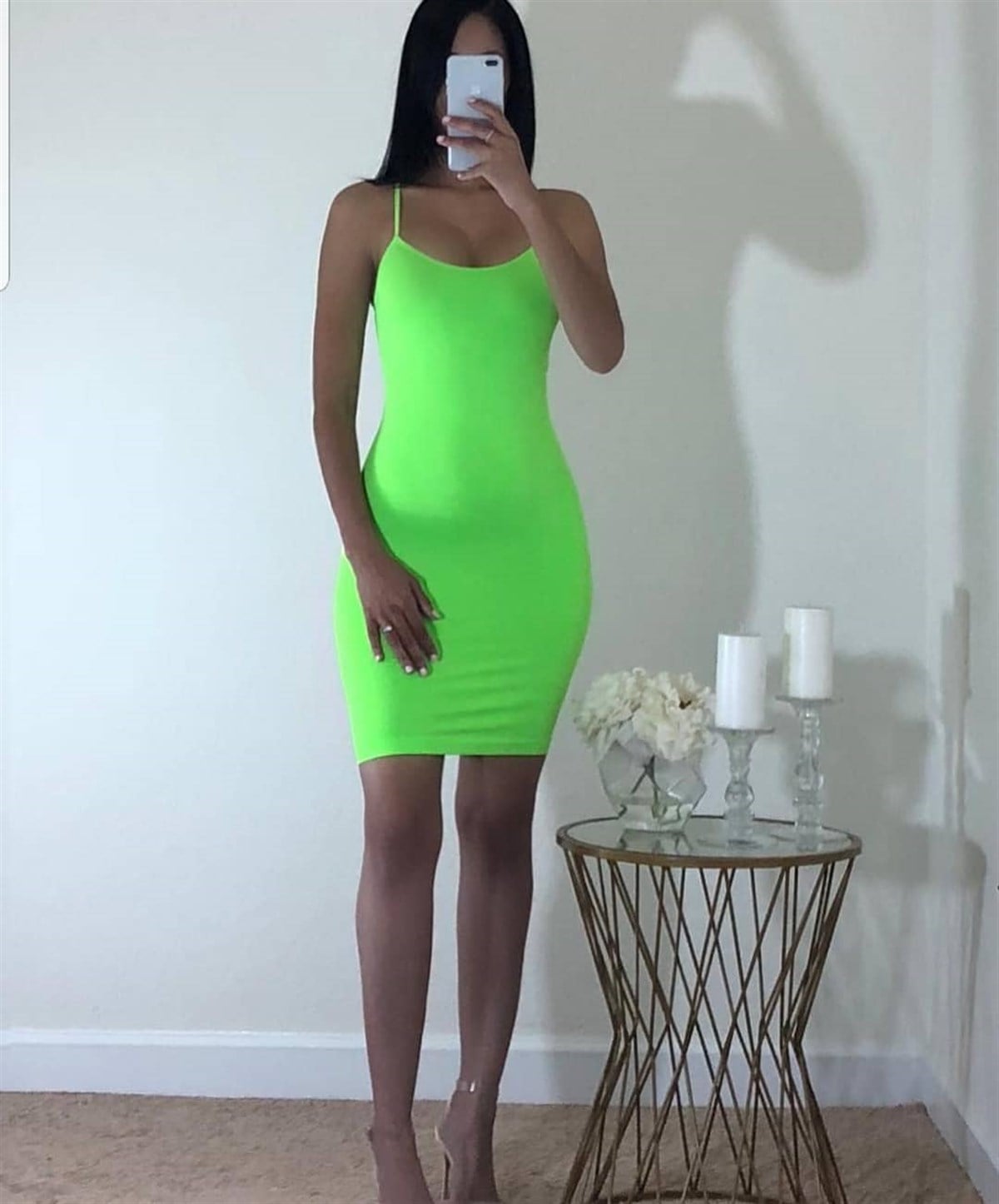 ESNEK DALGIÇ KUMAŞ ASKILI GÖĞÜS DEKOLTELİ NEON YEŞİL GECE ELBİSESİ KOKTEYL ELBİSESİ CLUBWEAR DNM-352-neonyeşil