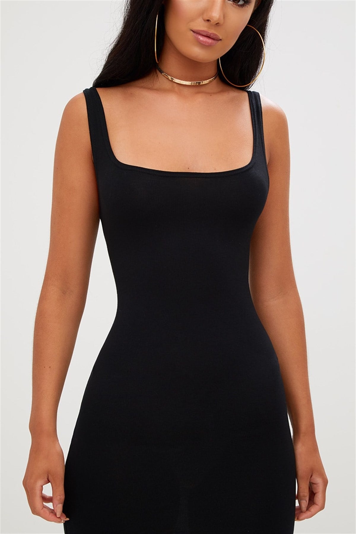 ESNEK DALGIÇ KUMAŞ ASKILI KARE YAKA SİYAH MİNİ ELBİSE BLACK SQUARE NECK MINI DRESS DNM-506-1