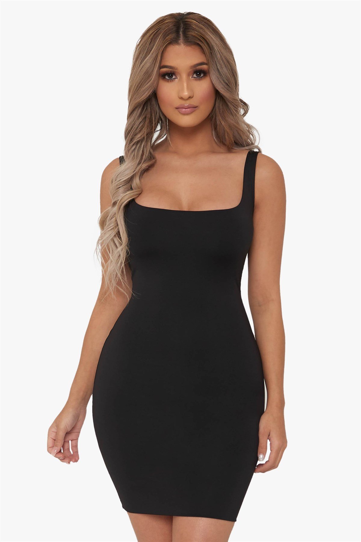 ESNEK DALGIÇ KUMAŞ ASKILI KARE YAKA SİYAH MİNİ ELBİSE BLACK SQUARE NECK MINI DRESS DNM-506-1