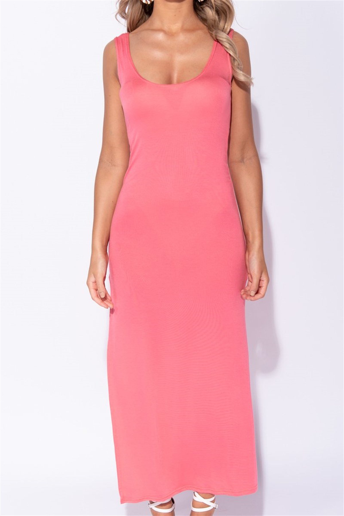 ESNEK DALGIÇ KUMAŞ ASKILI NEON PEMBE MİNİ ELBİSE NEON PEMBE KOLSUZ ELBİSE NEON PINK MINI DRESS DNM-524-1