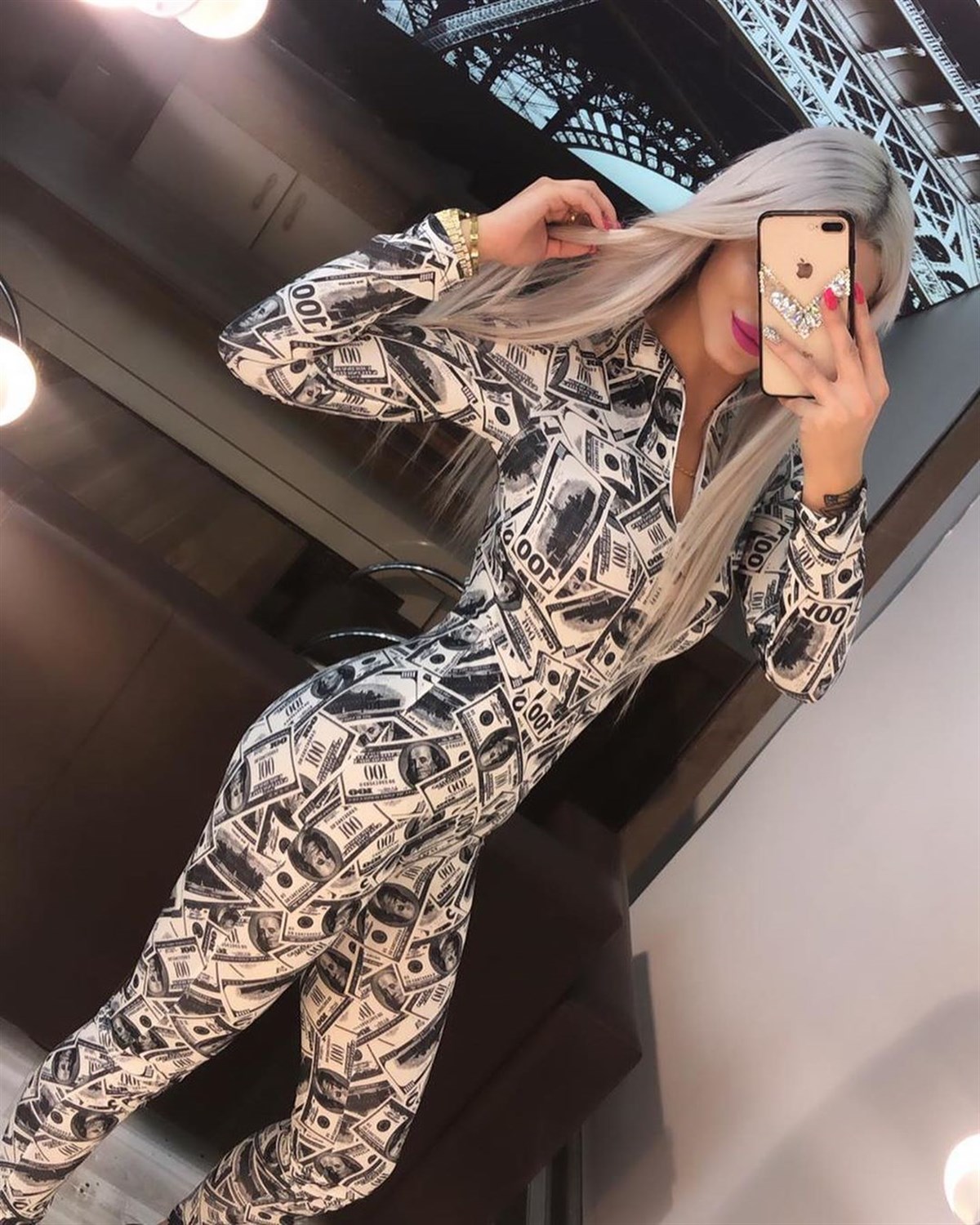 ESNEK DALGIÇ KUMAŞ DOLAR BASKILI TEK PARÇA TULUM DOLAR PRINT BODYSUIT ROMPER LP-296