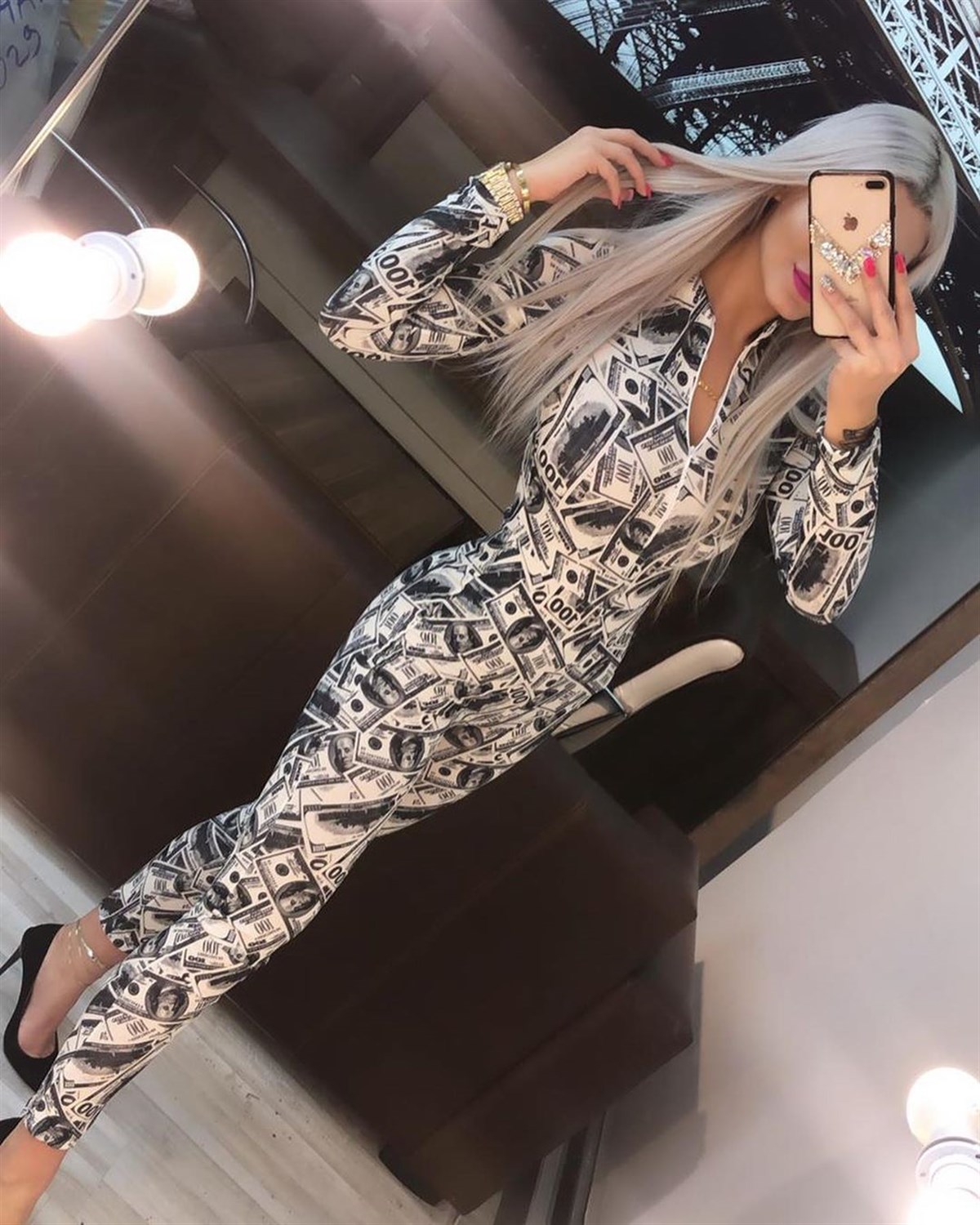 ESNEK DALGIÇ KUMAŞ DOLAR BASKILI TEK PARÇA TULUM DOLAR PRINT BODYSUIT ROMPER LP-296
