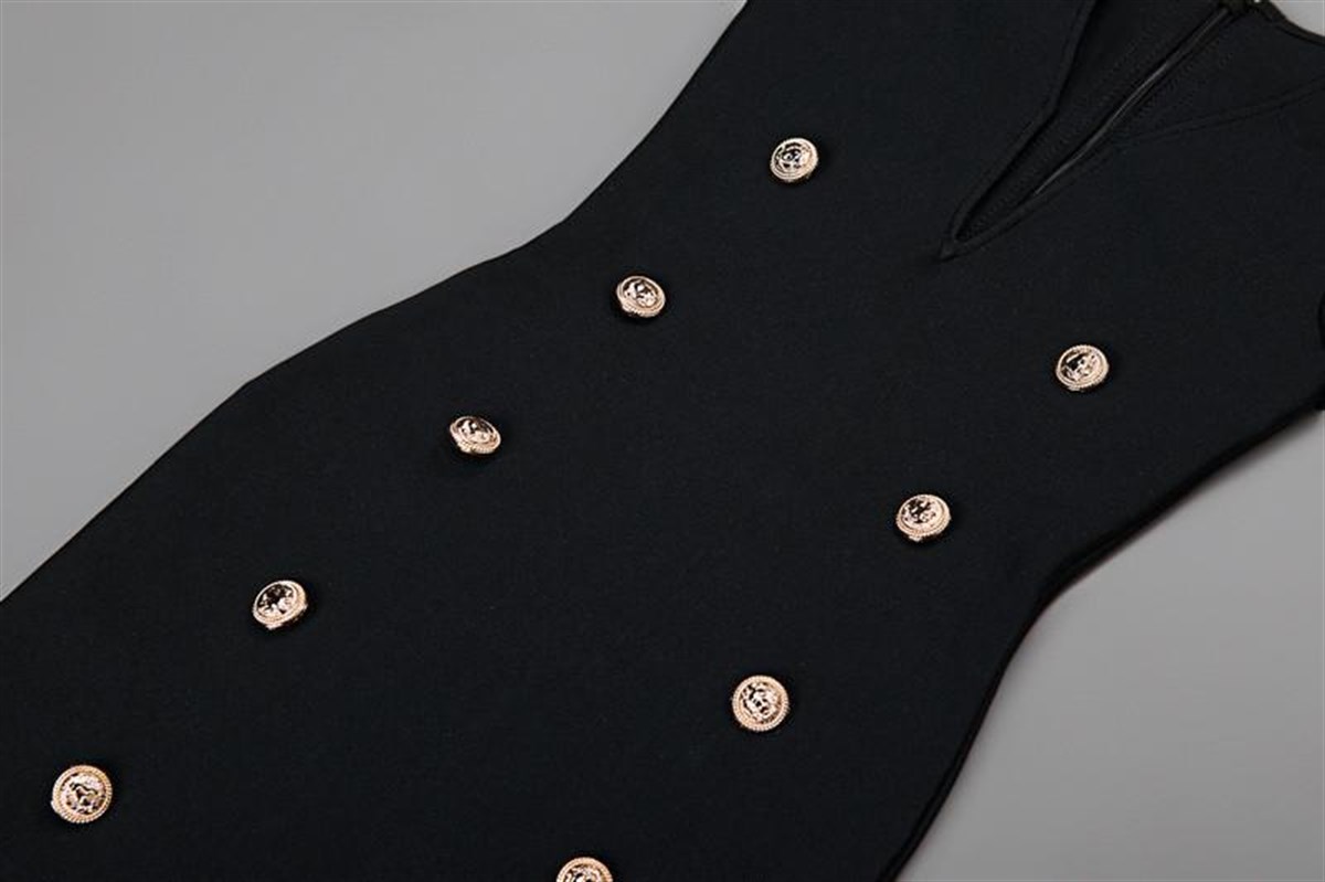 ESNEK DALGIÇ KUMAŞ GÖĞÜS DEKOLTELİ DÜĞME DETAYLI SİYAH MİNİ ELBİSE BLACK MINI DRESS DNM-484-1