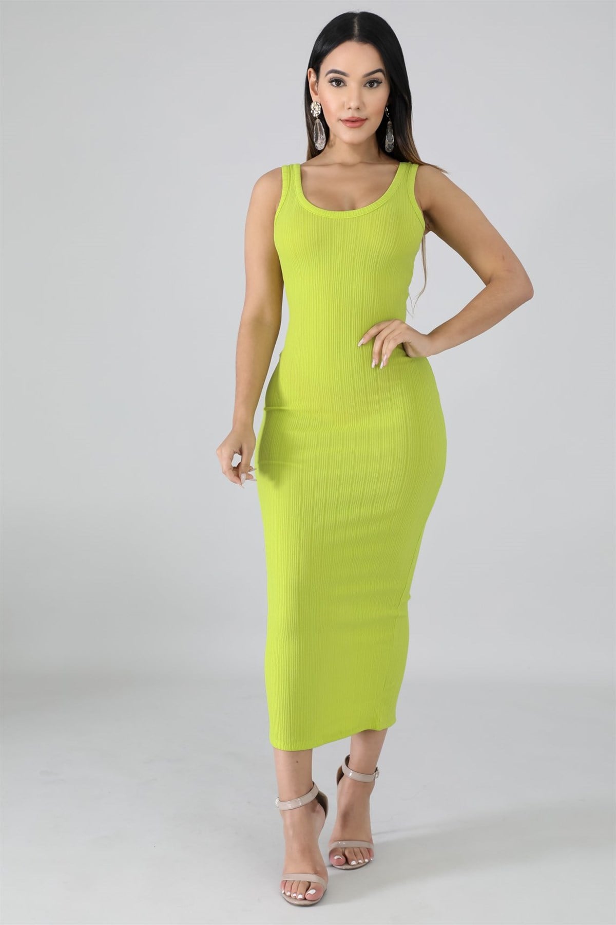 ESNEK DALGIÇ KUMAŞ KOLSUZ NEON YEŞİL GÜNLÜK ELBİSE NEON GREY DAY DRESS DNM-528-neonyeşil