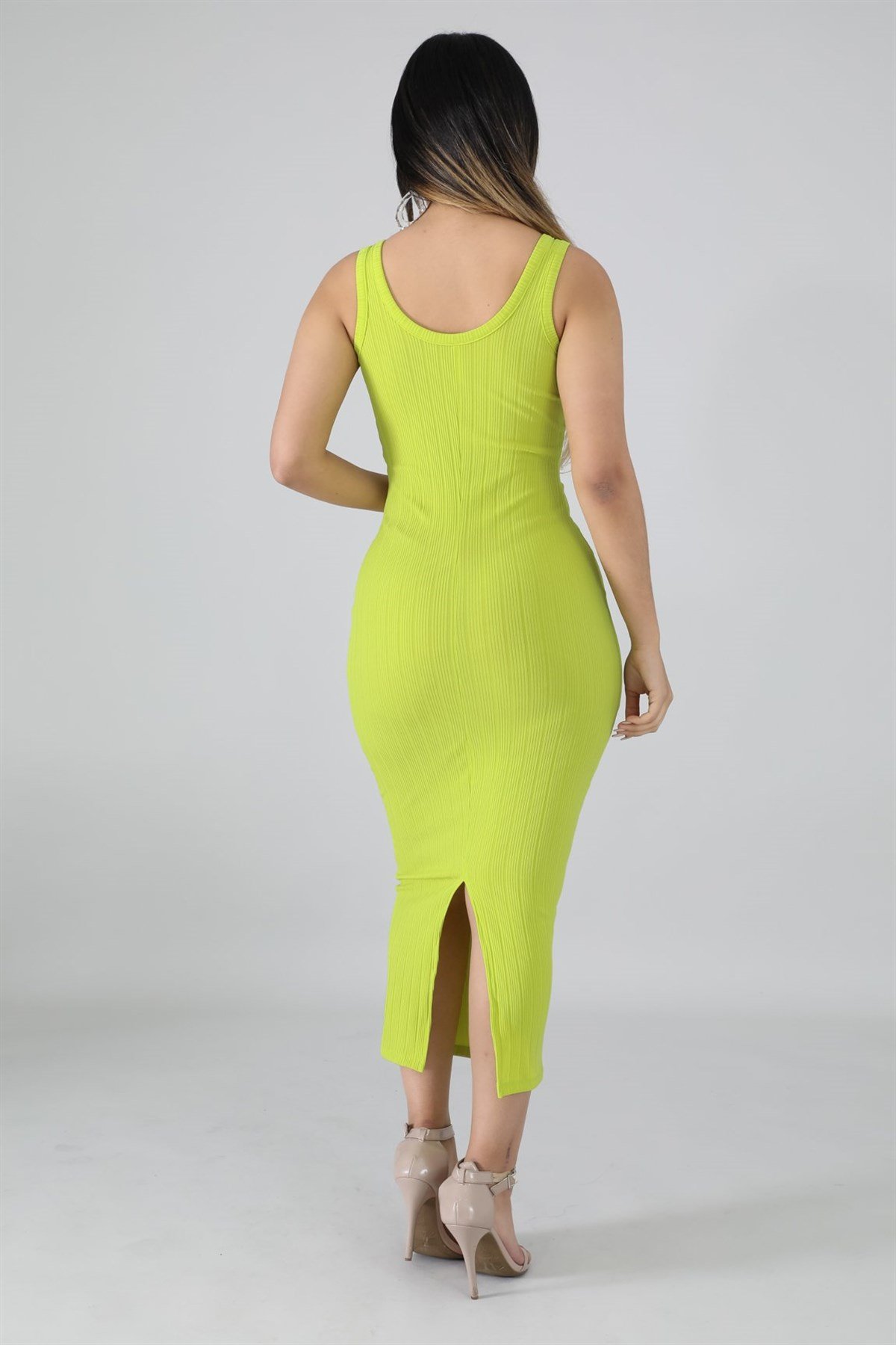 ESNEK DALGIÇ KUMAŞ KOLSUZ NEON YEŞİL GÜNLÜK ELBİSE NEON GREY DAY DRESS DNM-528-neonyeşil