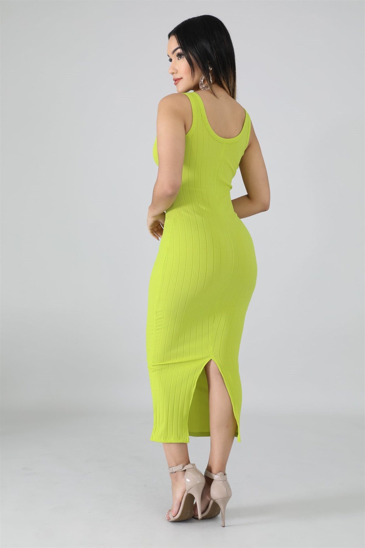 ESNEK DALGIÇ KUMAŞ KOLSUZ NEON YEŞİL GÜNLÜK ELBİSE NEON GREY DAY DRESS DNM-528-neonyeşil