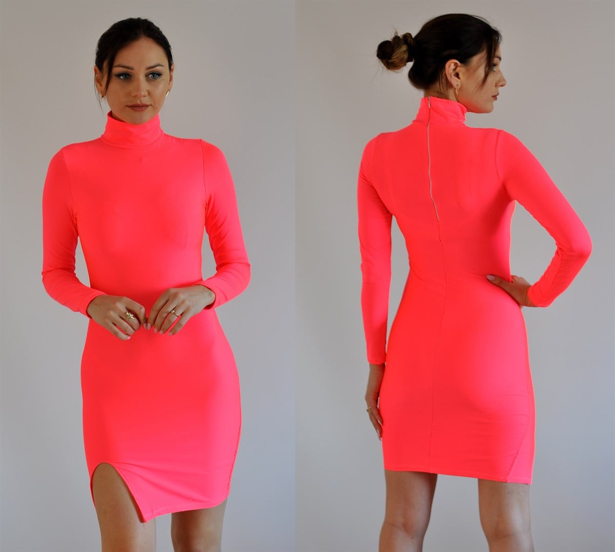 ESNEK DALGIÇ KUMAŞ NEON PEMBE MİNİ ELBİSE UZUN KOLLU YIRTMAÇ DETAYLI NEON PEMBE GECE ELBİSESİ NEON PEMBE BOĞAZLI MİNİ ELBİSE NEON PINK MINI DRESS ND-033-neonpembe