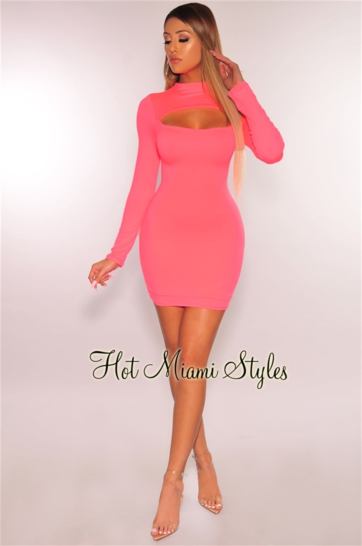 ESNEK DALGIÇ KUMAŞ NEON PEMBE UZUN KOLLU MİNİ ELBİSE NEON PINK MINI DRESS DNM-495-neonpembe