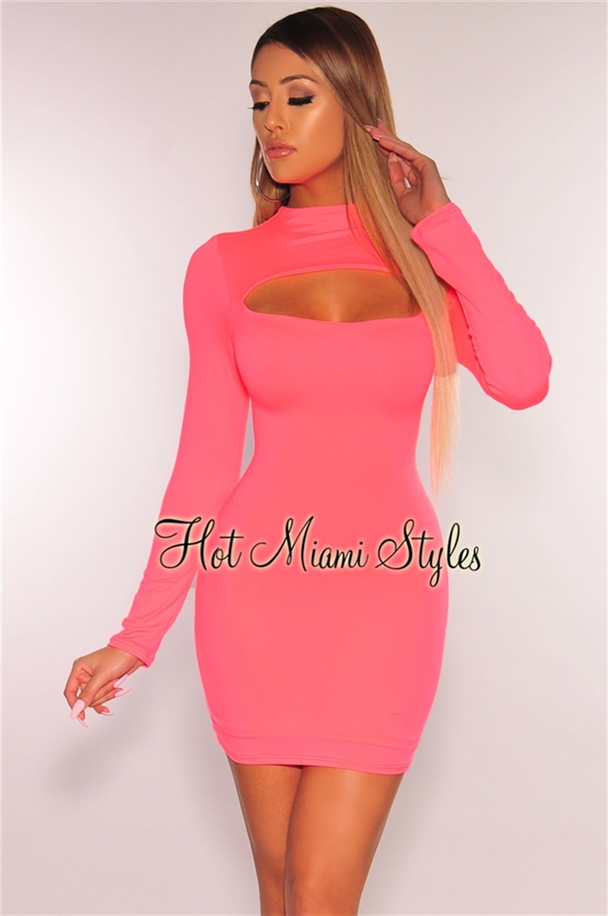ESNEK DALGIÇ KUMAŞ NEON PEMBE UZUN KOLLU MİNİ ELBİSE NEON PINK MINI DRESS DNM-495-neonpembe