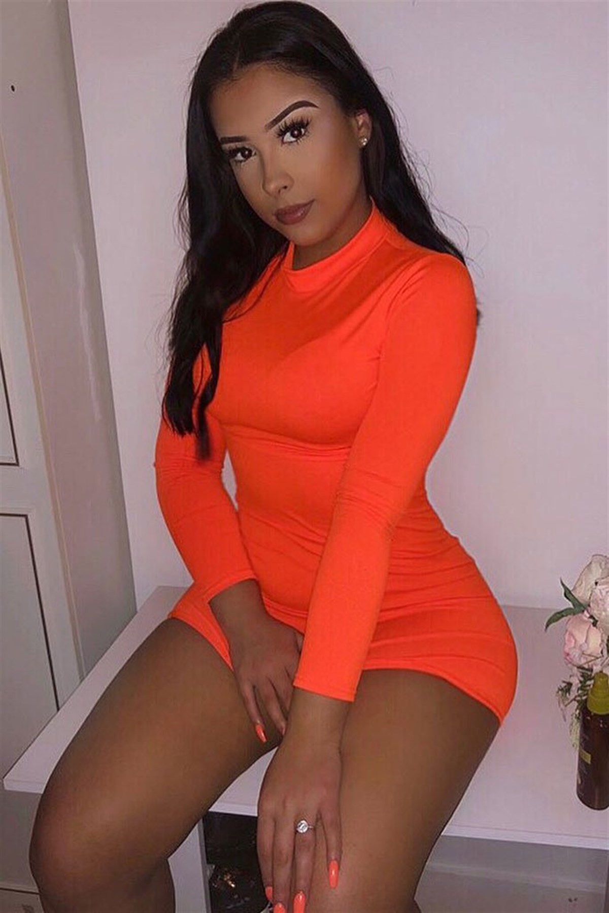 ESNEK DALGIÇ KUMAŞ NEON TURUNCU SUPER MİNİ ELBİSE NEON TURUNCU MİNİ ELBİSE NEON ORANGE MINI DRESS CLUBWEAR DNM-488-neonturuncu