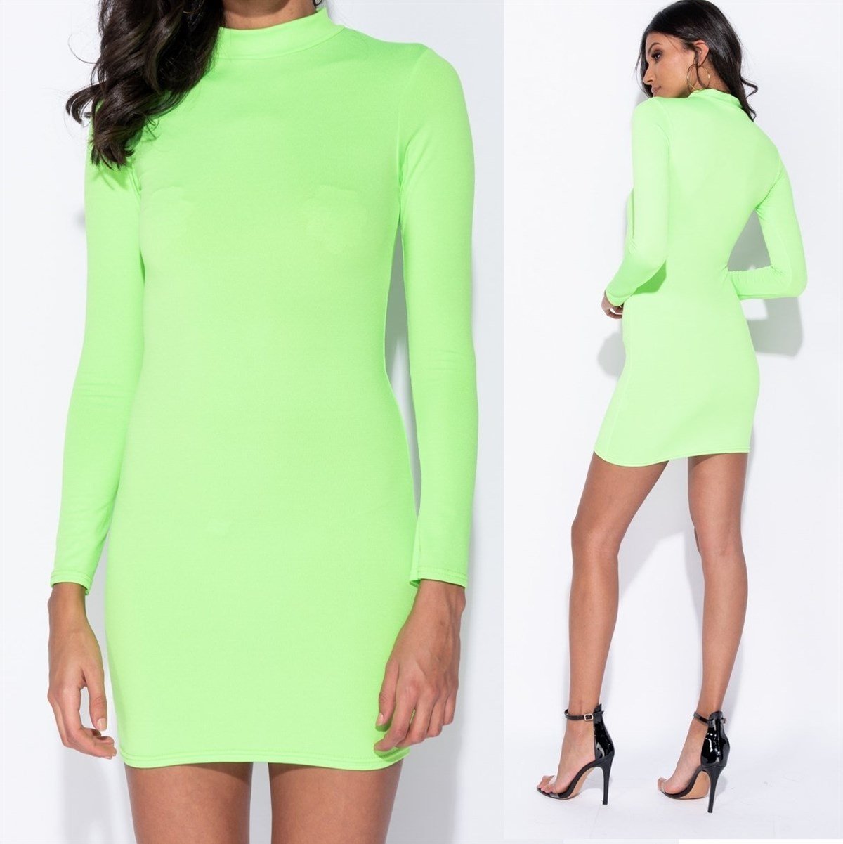 ESNEK DALGIÇ KUMAŞ NEON YEŞİL SUPER MİNİ ELBİSE NEON YEŞİL MİNİ ELBİSE NEON GREEN MINI DRESS CLUBWEAR DNM-488-neonyeşil