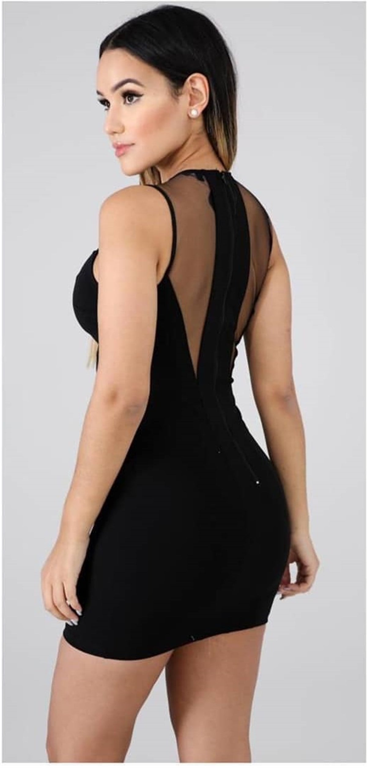 ESNEK DALGIÇ KUMAŞ SIRT DEKOLTELİ TRANSPARAN DETAYLI SİYAH MİNİ ELBİSE BLACK CLUBWEAR BLACK MINI DRESS LP-253