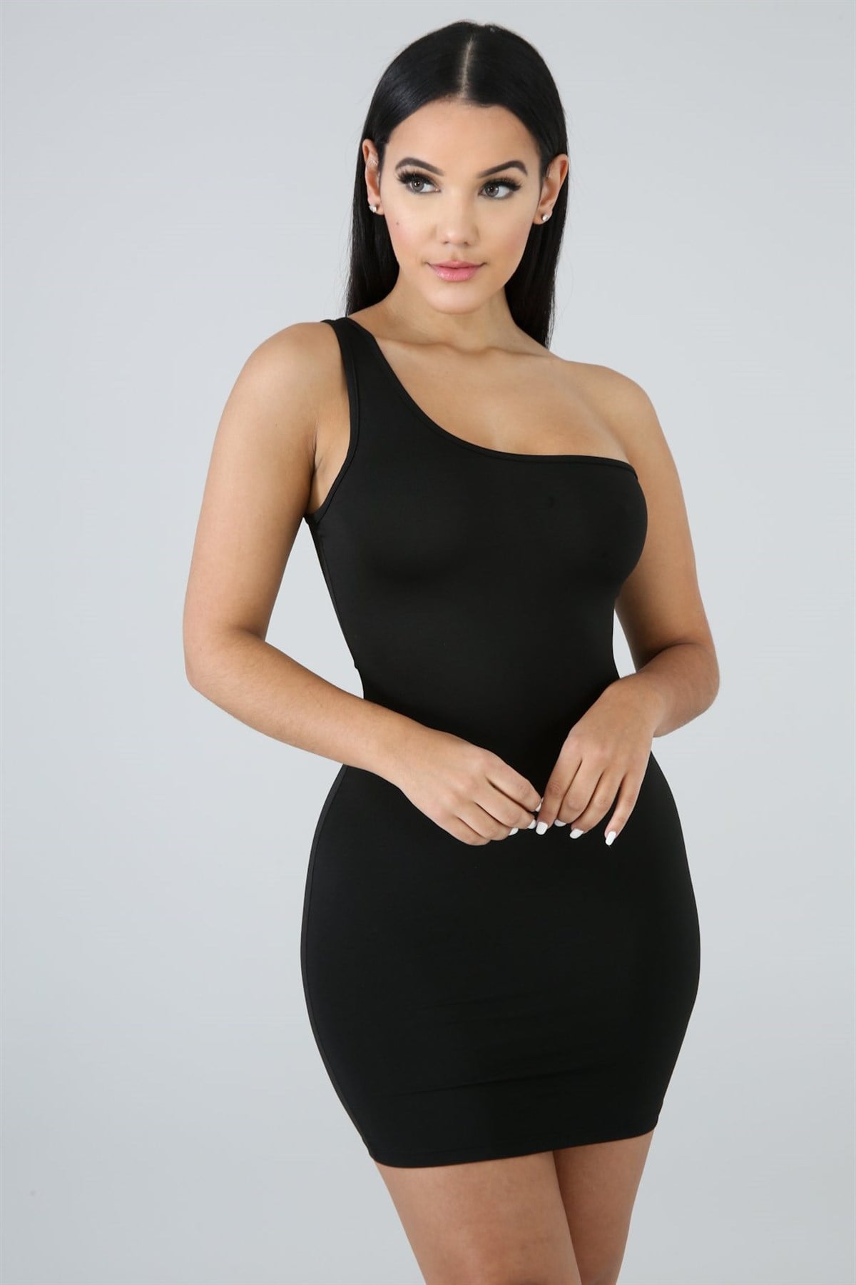 ESNEK DALGIÇ KUMAŞ TEK OMUZ ASKILI SİYAH MİNİ ELBİSE BLACK MINI DRESS CLUBWEAR DNM-475-1