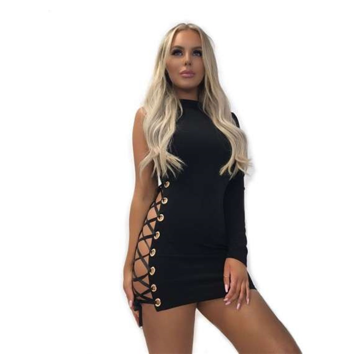 ESNEK DALGIÇ KUMAŞ YANDAN BAĞCIK DEKOLTELİ TEK KOLLU SİYAH MİNİ GECE ELBİSESİ BLACK MINI DRESS BLACK CLUBWEAR DNM-502-1
