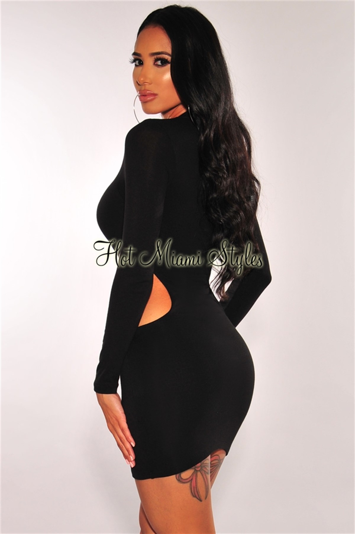 ESNEK DALGIÇ KUMAŞ YANLARI DEKOLTE DETAYLI UZUN KOLLU SİYAH MİNİ ELBİSE SİYAH SEKSİ MİNİ ELBİSE BLACK MINI DRESS DNM-539-siyah
