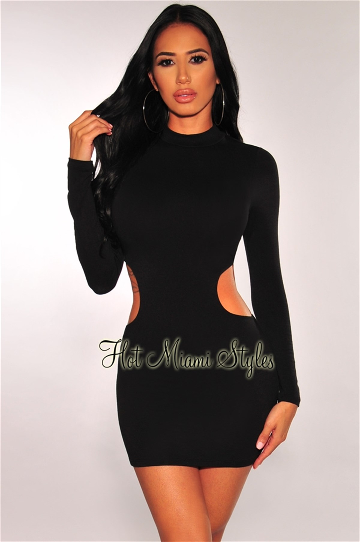 ESNEK DALGIÇ KUMAŞ YANLARI DEKOLTE DETAYLI UZUN KOLLU SİYAH MİNİ ELBİSE SİYAH SEKSİ MİNİ ELBİSE BLACK MINI DRESS DNM-539-siyah