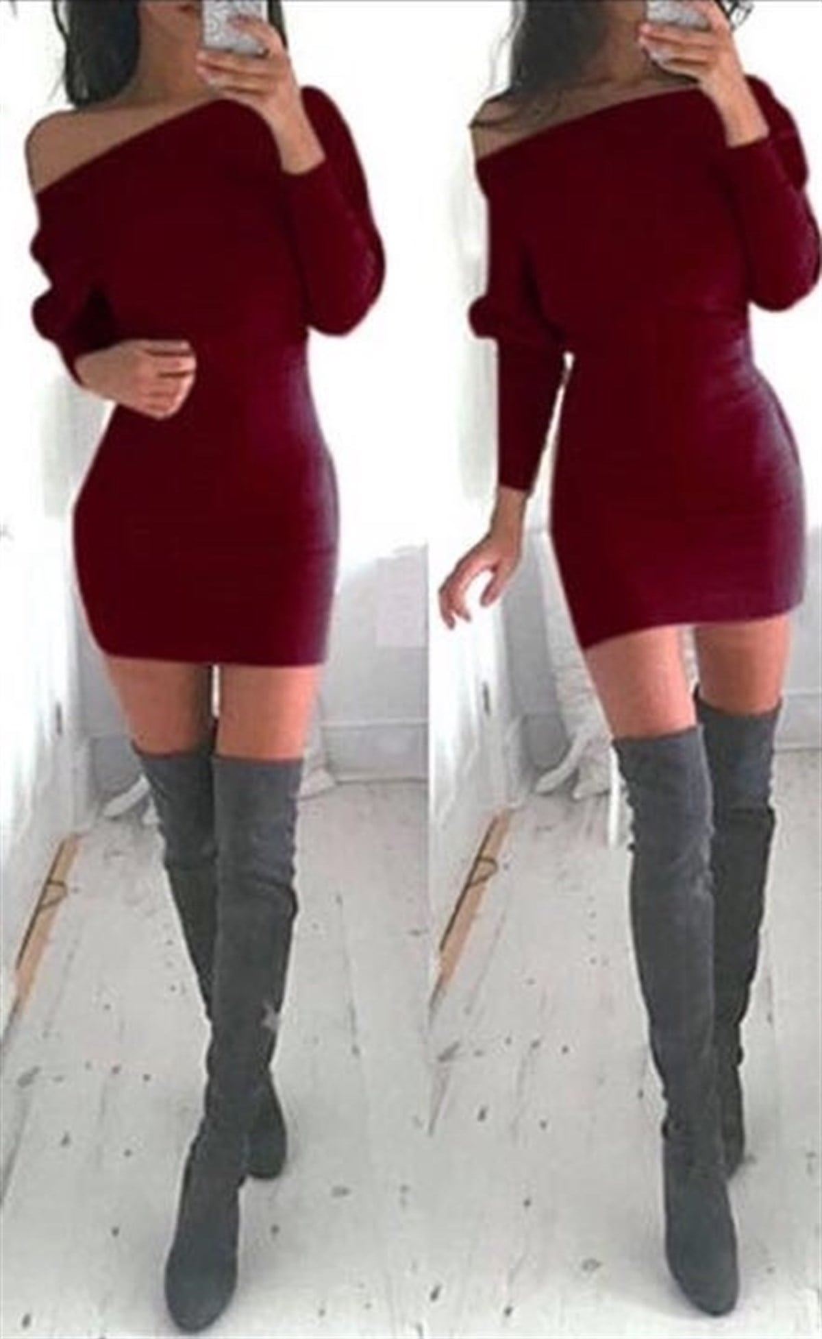 ESNEK FİTİLLİ TRİKO KUMAŞ BORDO TUNİK MİNİ ELBİSE ETC-023