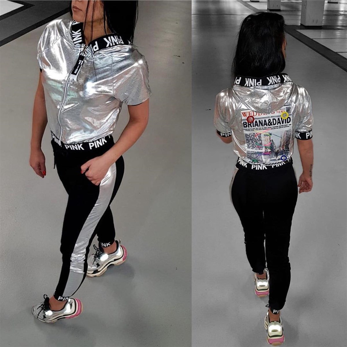 ESNEK İKİİPLİK KUMAŞ VE LAME KUMAŞ DETAYLI KAPİŞONLU ÜST VE EŞOFMAN ALT TAKIM WOMAN SPORTSWEAR SET CHP-201-1