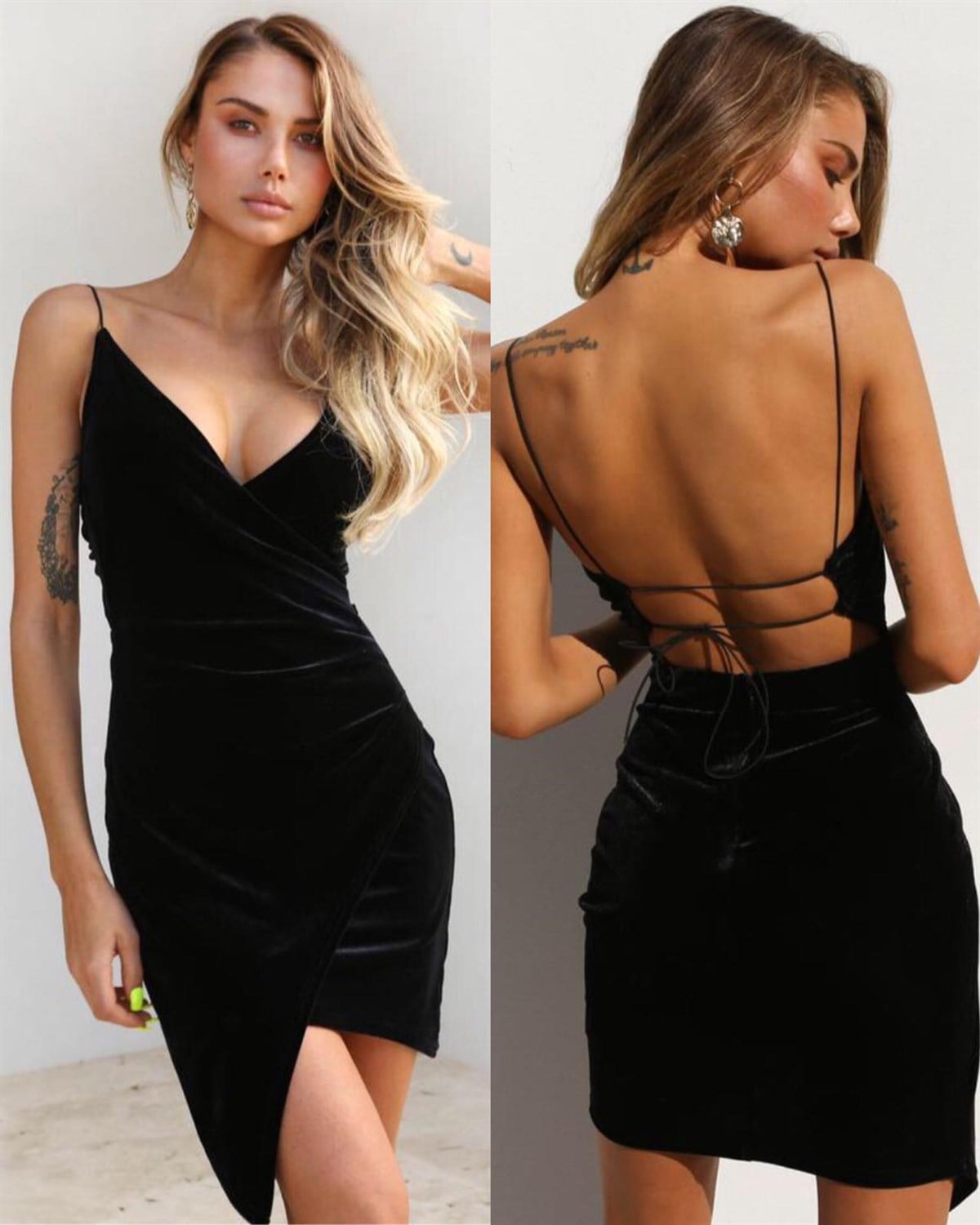 ESNEK KADİFE KUMAŞ GÖĞÜS VE SIRT DEKOLTELİ SİYAH MİNİ ELBİSE ASKILI SİYAH KADİFE GECE ELBİSESİ SİYAH KADİFE ELBİSE BLACK VELVET MINI DRESS LP-274-1