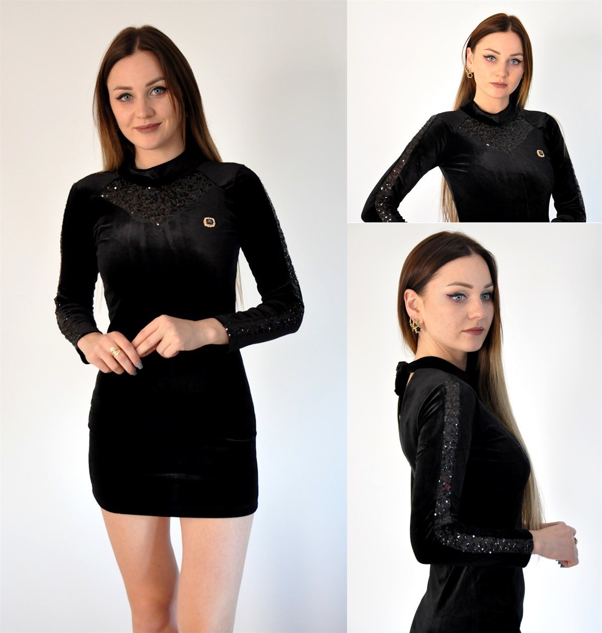 ESNEK KADİFE KUMAŞ ÖN KISMI PUL DETAYLI SİYAH MİNİ ELBİSE SİYAH KADİFE ELBİSE BLACK VELVET MINI DRESS BLACK VELVET PROM DRESS BLACK MINI DRESS  CHP-230-2