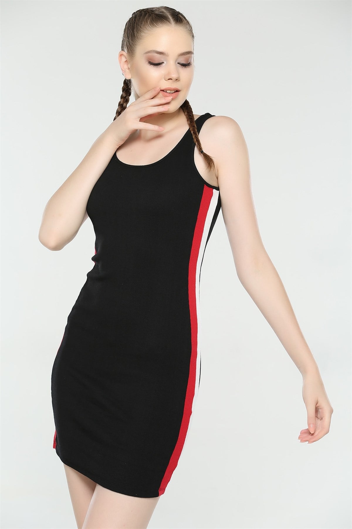 ESNEK KAŞKORSE KUMAŞ YANLARI ŞERİTLİ ASKILI GÜNLÜK SPOR MİNİ ELBİSE SİYAH GÜNLÜK ELBİSE SİYAH ASKILI YAZLIK ELBİSE SLEVEELESS BLACK MINI DAYDRESS 1012505-TZ
