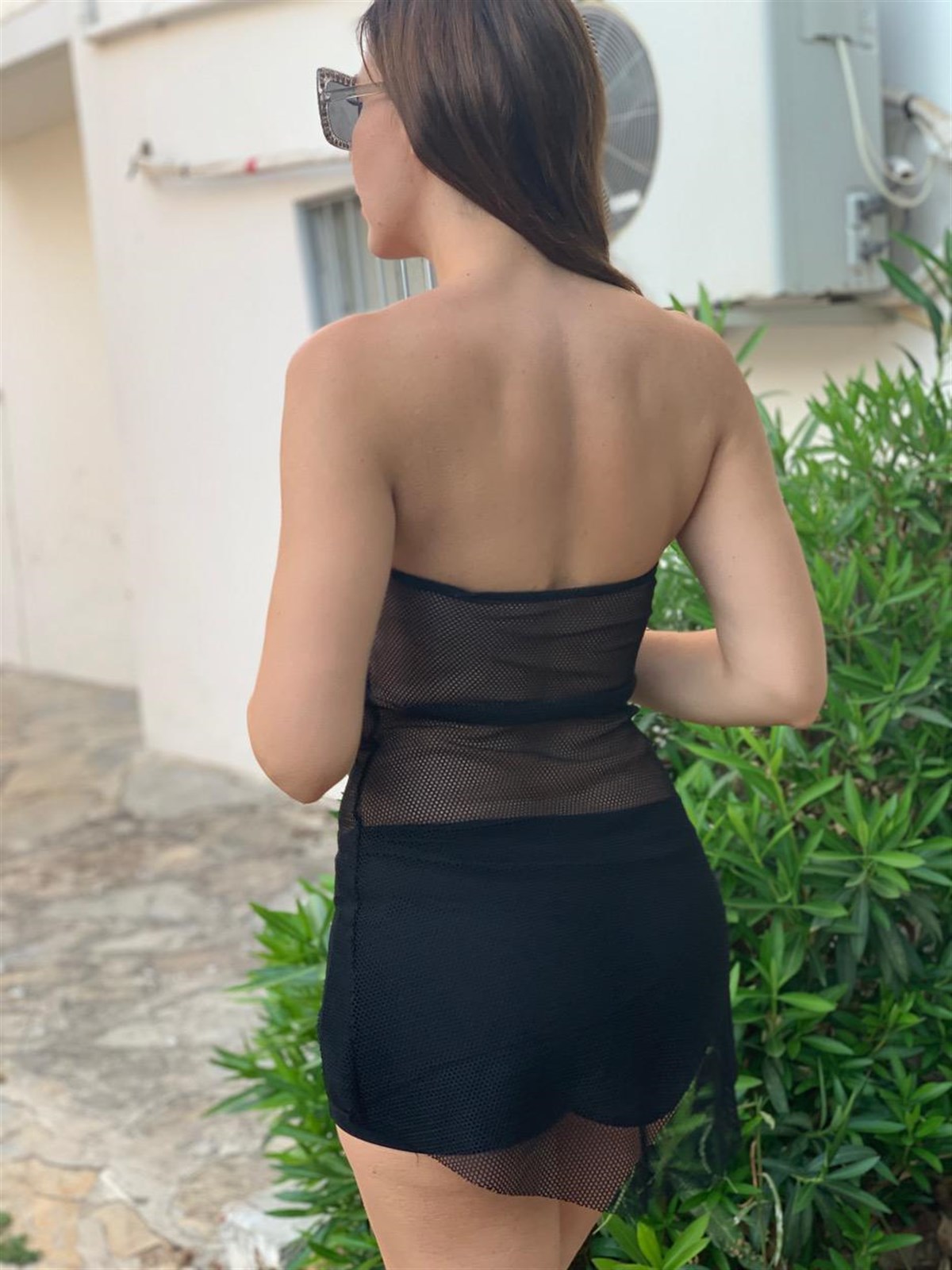 ESNEK KUMAŞ GÖĞÜS DEKOLTELİ TRANSPARAN DETAYLI BÜSTİYER VE ŞORT TAKIM SİYAH BÜSTİYER ŞORT SET CLUBWEAR BLACK TOP AND SHORT SET BLACK GOGO DRESS KY-083-1