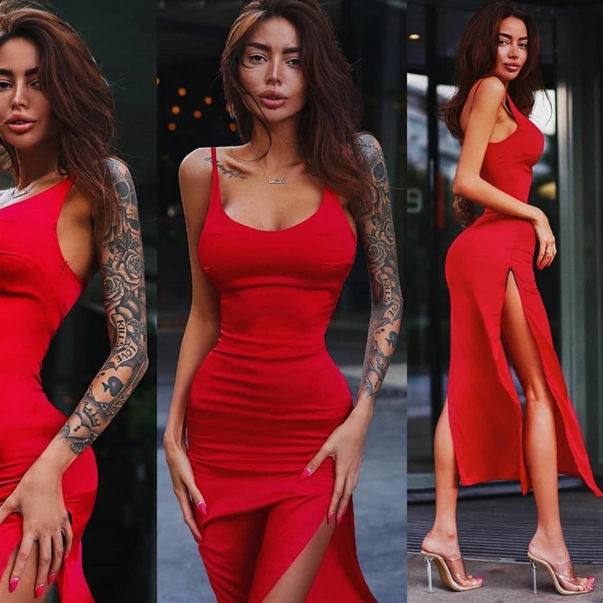 ESNEK KUMAŞ GÖĞÜS DEKOLTELİ YIRTMAÇ DETAYLI KIRMIZI GECE ELBİSESİ RED DRESS DNM-561-KIRMIZI