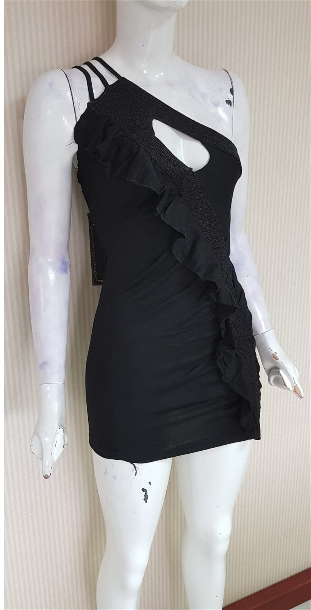 ESNEK KUMAŞ GÖĞÜS DEKOLTEYİ SİYAH MİNİ ELBİSE CLUBWEAR ASİA-015-1