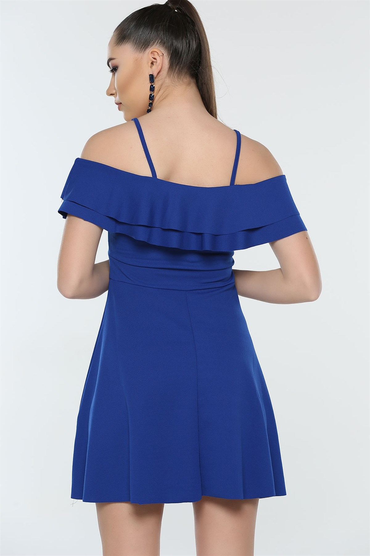 ESNEK KUMAŞ VALON DETAYLI ASKILI MAVİ MİNİ ELBİSE MAVİ ABİYE ELBİSE MAVİ YAZLIK ELBİSE BLUE MINI DRESS 975892-MAVİ-TZ