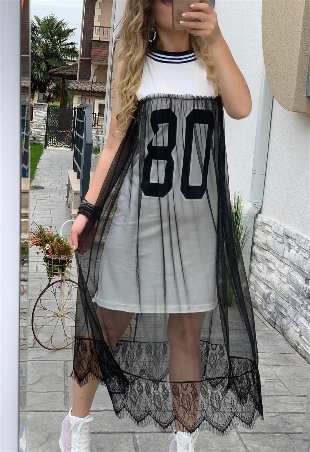 ESNEK PENYE KUMAŞ ÜZERİ TÜL DETAYLI GÜNLÜK ELBİSE GÜNLÜK SPOR ELBİSE DAYDRESS CHP-218-2