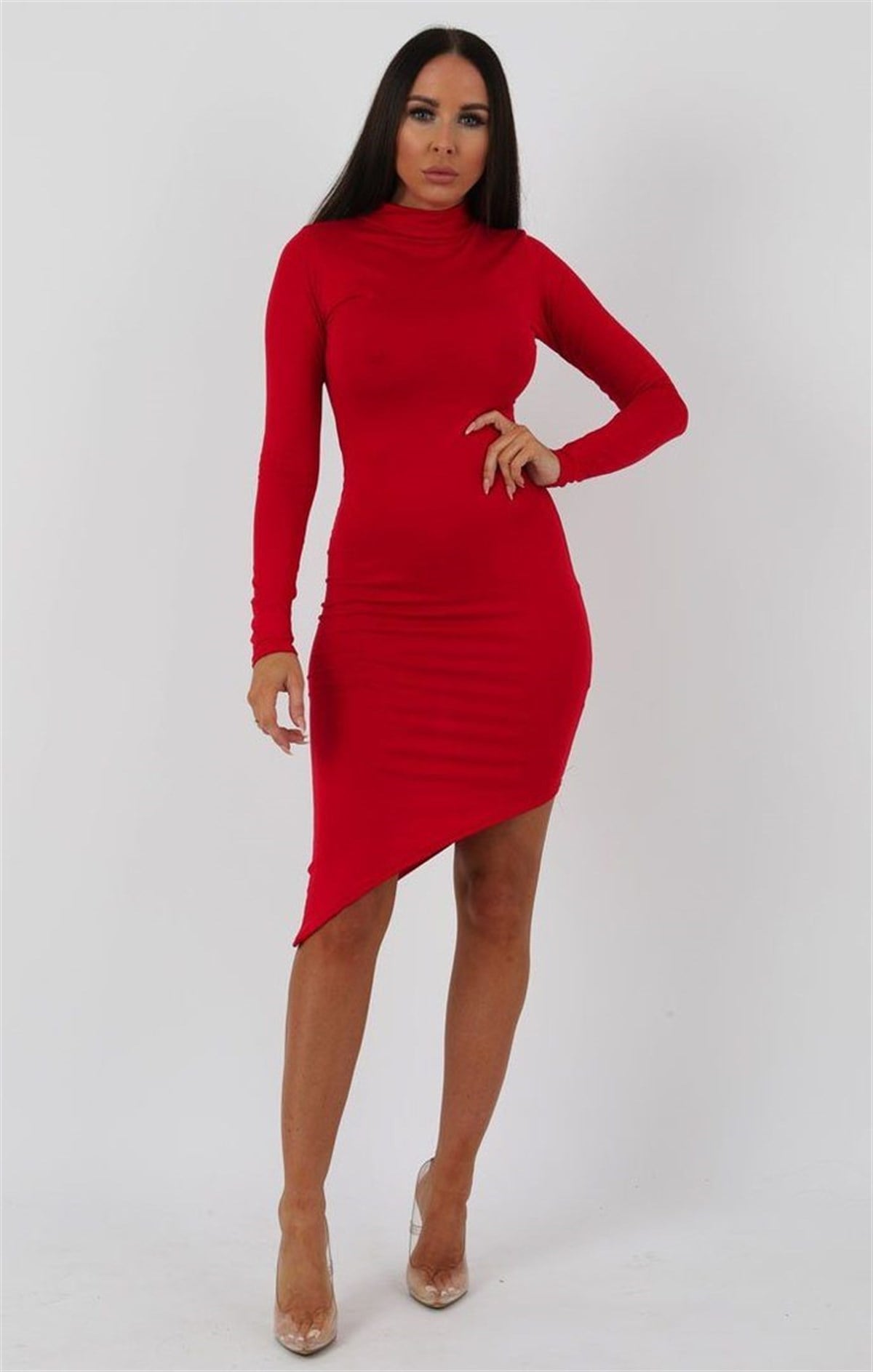 ESNEK SANDY KUMAŞ ASİMETRİK KESİM UZUN KOLLU KIRMIZI MİNİ ELBİSE RED MINI DRESS DNM-508-3