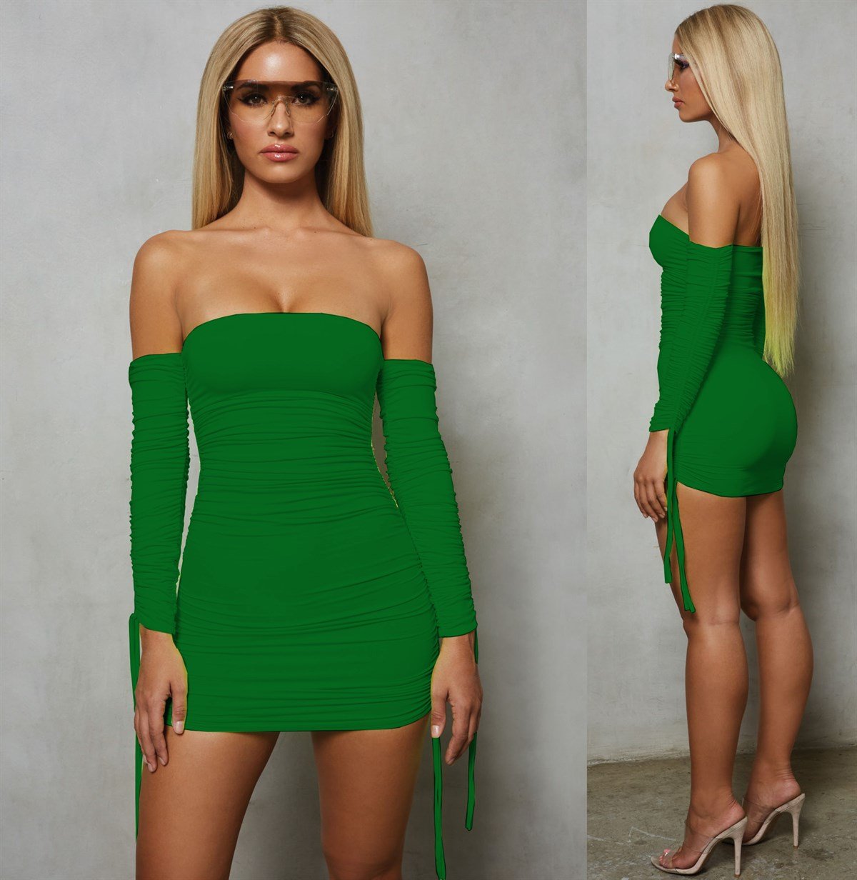 ESNEK SANDY KUMAŞ KOLLARI BAĞCIK DETAYLI UZUN KOLLU STRAPLEZ YEŞİL MİNİ ELBİSE GREEN MINI DRESS DNM-478-10