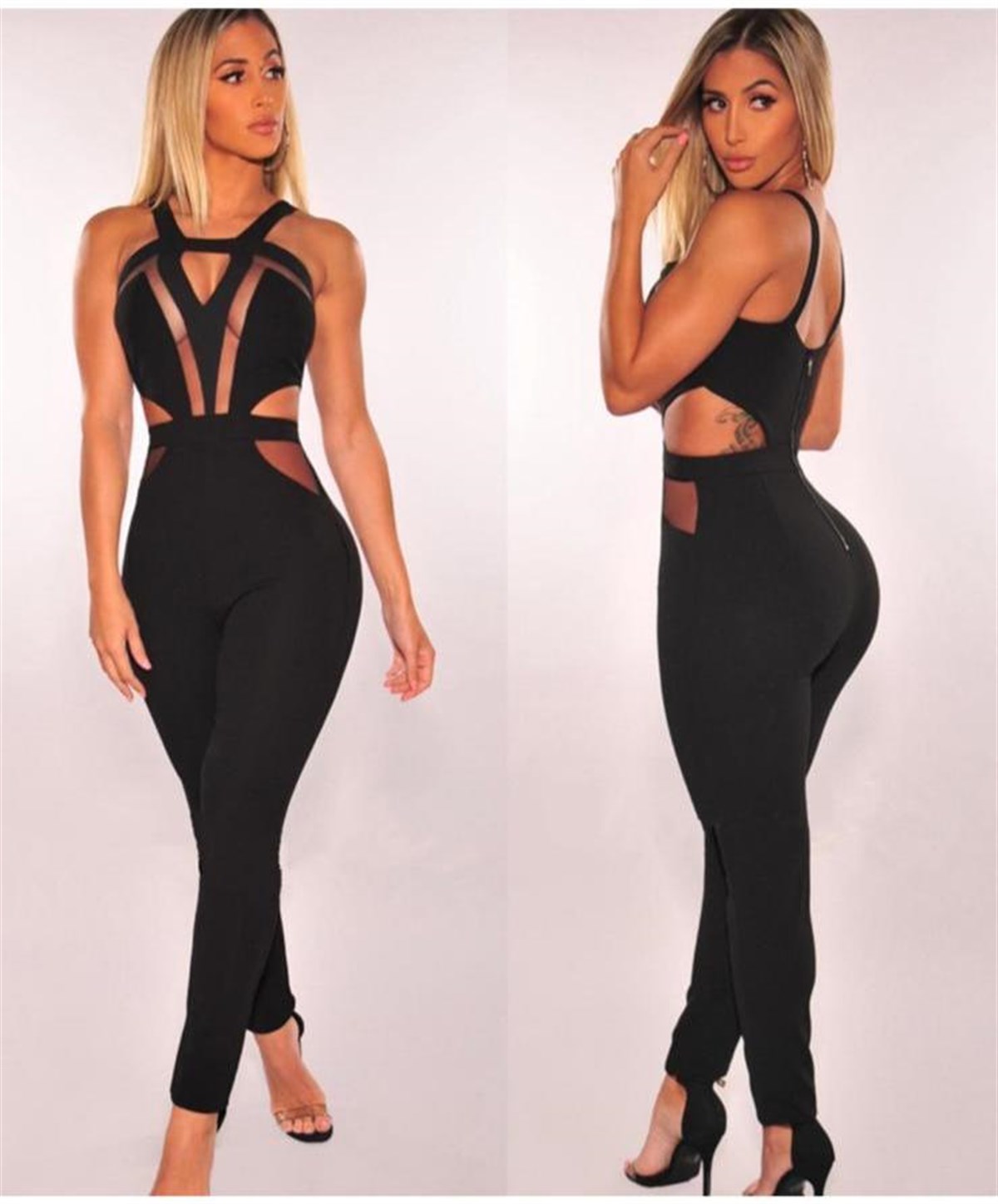 ESNEK SCUBA KUMAŞ TRANSPARAN GÖĞÜS DEKOLTELİ TEK PARÇA SİYAH TULUM BLACK JUMPSUIT BODYSUIT LP-240