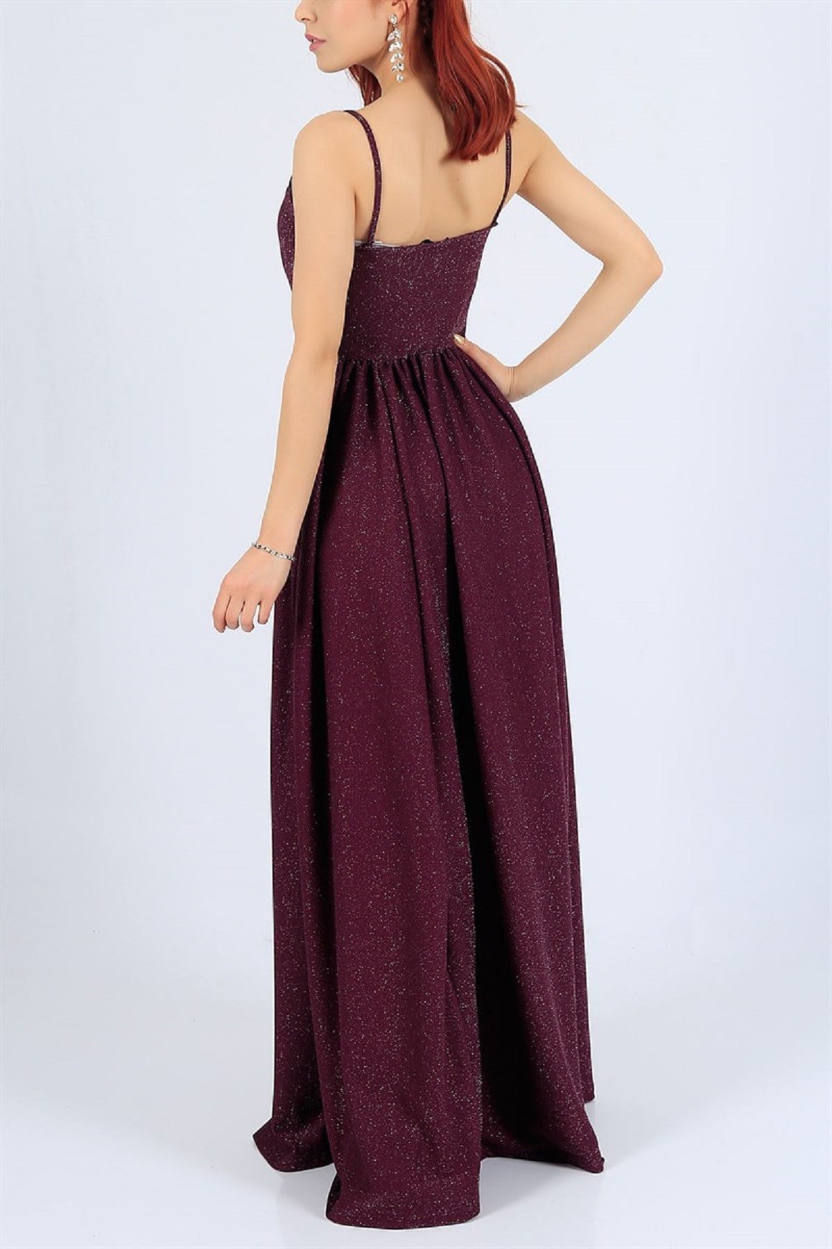 ESNEK SİMLİ KUMAŞ YIRTMAÇ DETAYLI UZUN MOR ABİYE ELBİSE PURPLE PROM DRESS EMR-022-MOR