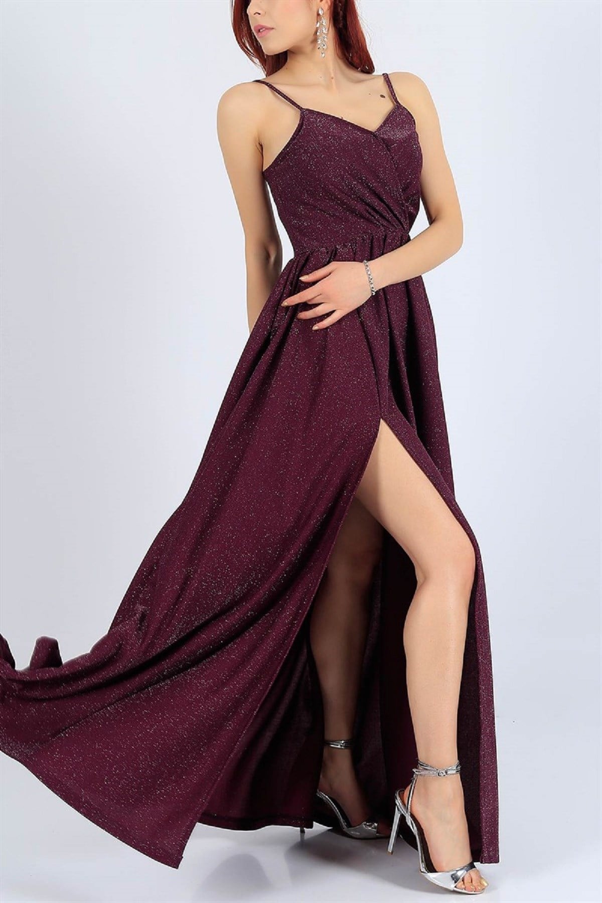 ESNEK SİMLİ KUMAŞ YIRTMAÇ DETAYLI UZUN MOR ABİYE ELBİSE PURPLE PROM DRESS EMR-022-MOR