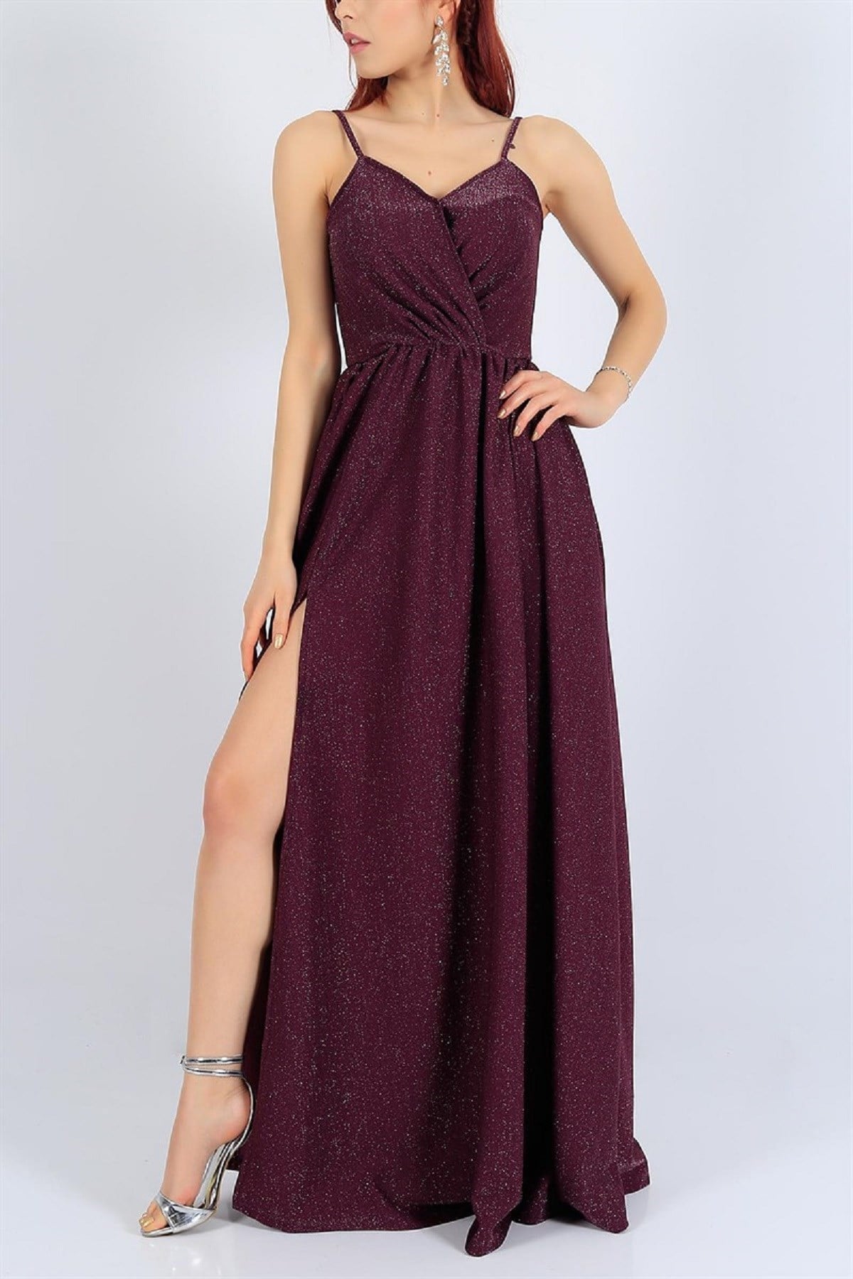 ESNEK SİMLİ KUMAŞ YIRTMAÇ DETAYLI UZUN MOR ABİYE ELBİSE PURPLE PROM DRESS EMR-022-MOR