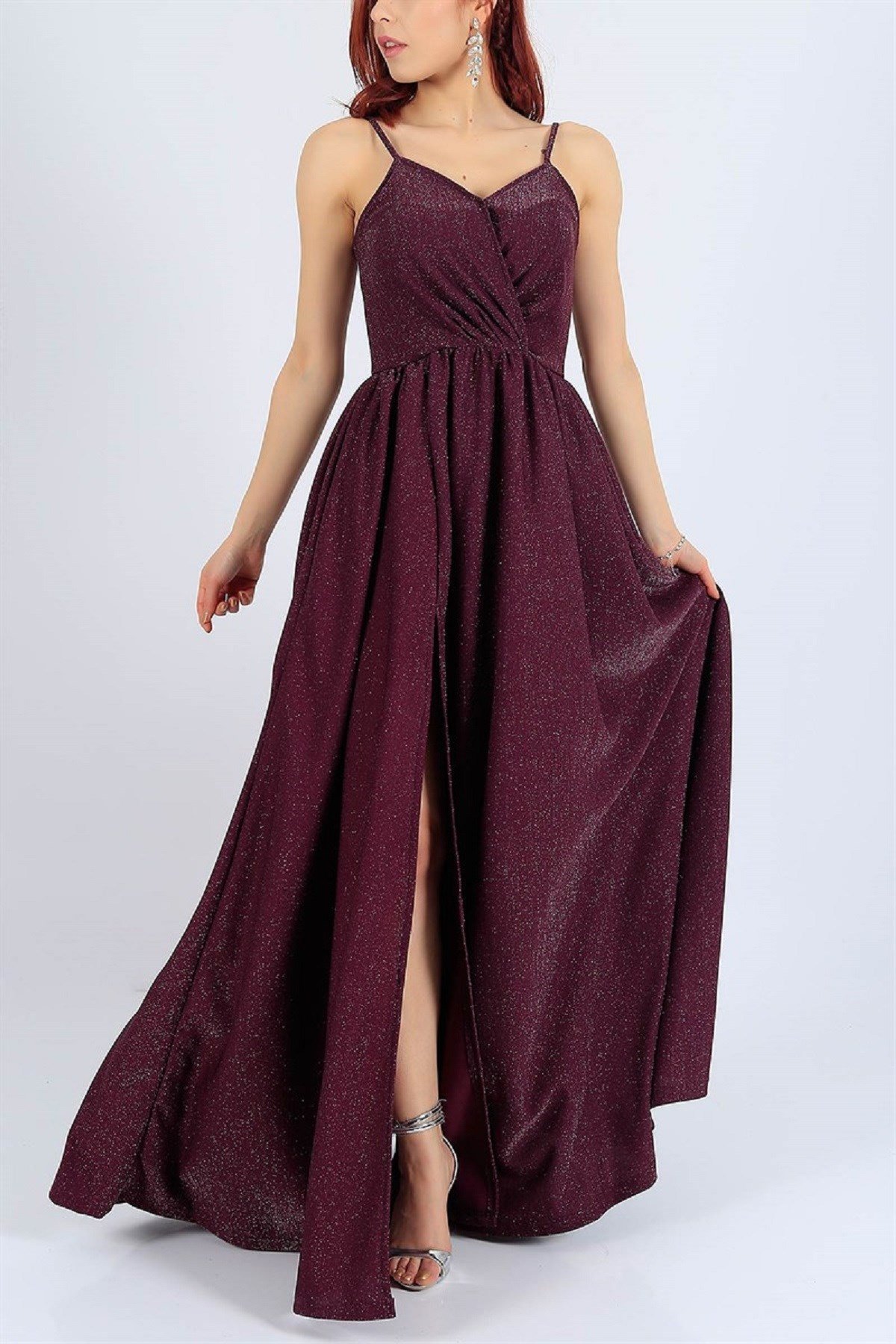 ESNEK SİMLİ KUMAŞ YIRTMAÇ DETAYLI UZUN MOR ABİYE ELBİSE PURPLE PROM DRESS EMR-022-MOR