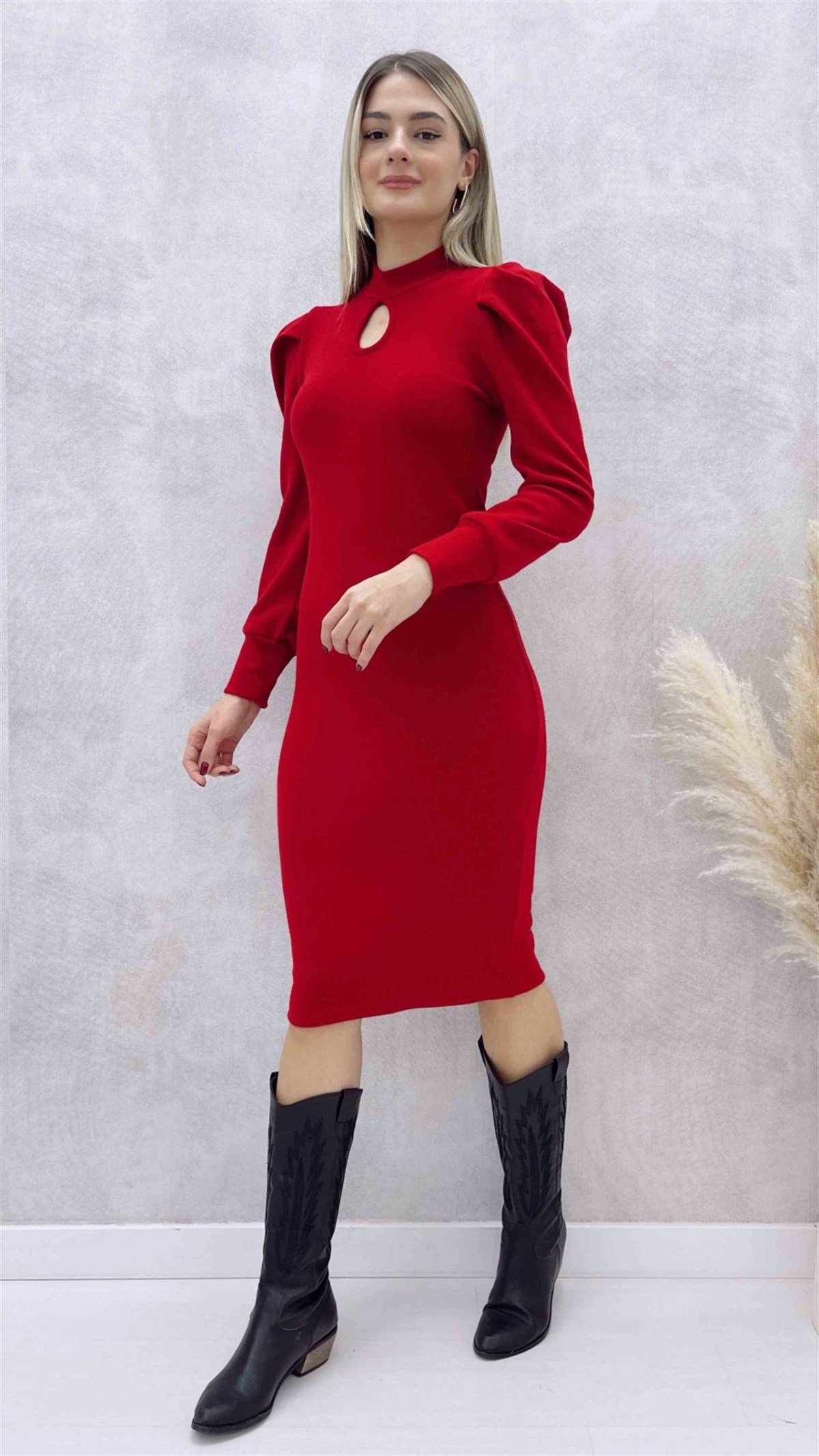 ESNEK TRİKO KUMAŞ OMUZ DETAYLI KIRMIZI ELBİSE GÜNLÜK RED DAY DRESS DKS-015-KIRMIZI