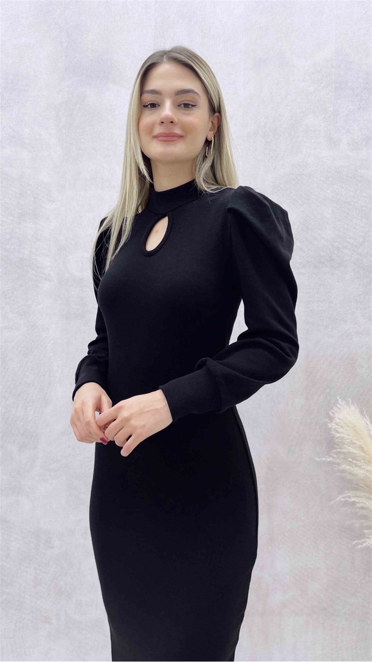 ESNEK TRİKO KUMAŞ OMUZ DETAYLI SİYAH ELBİSE GÜNLÜK BLACK DAY DRESS DKS-015-SİYAH