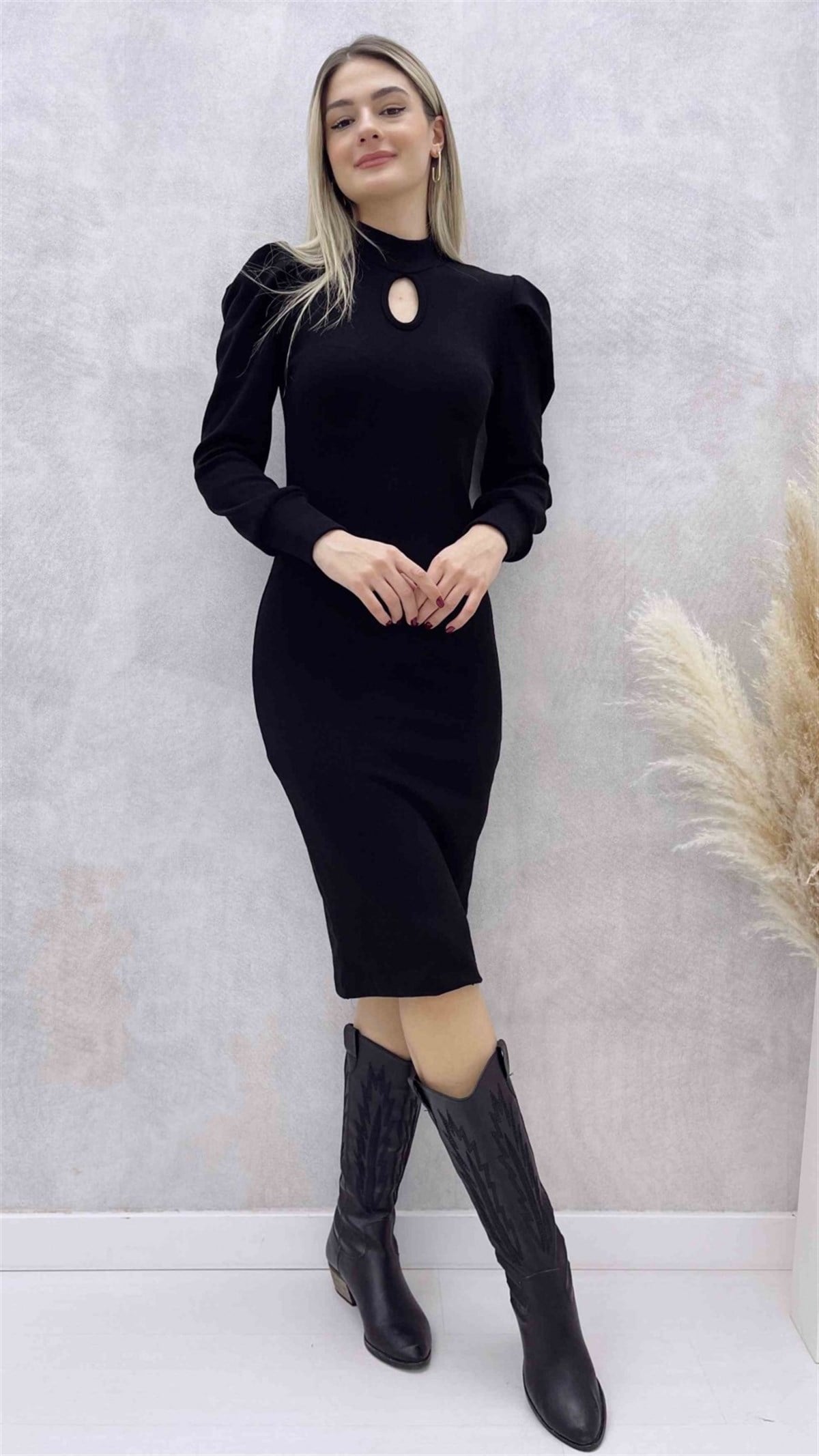ESNEK TRİKO KUMAŞ OMUZ DETAYLI SİYAH ELBİSE GÜNLÜK BLACK DAY DRESS DKS-015-SİYAH